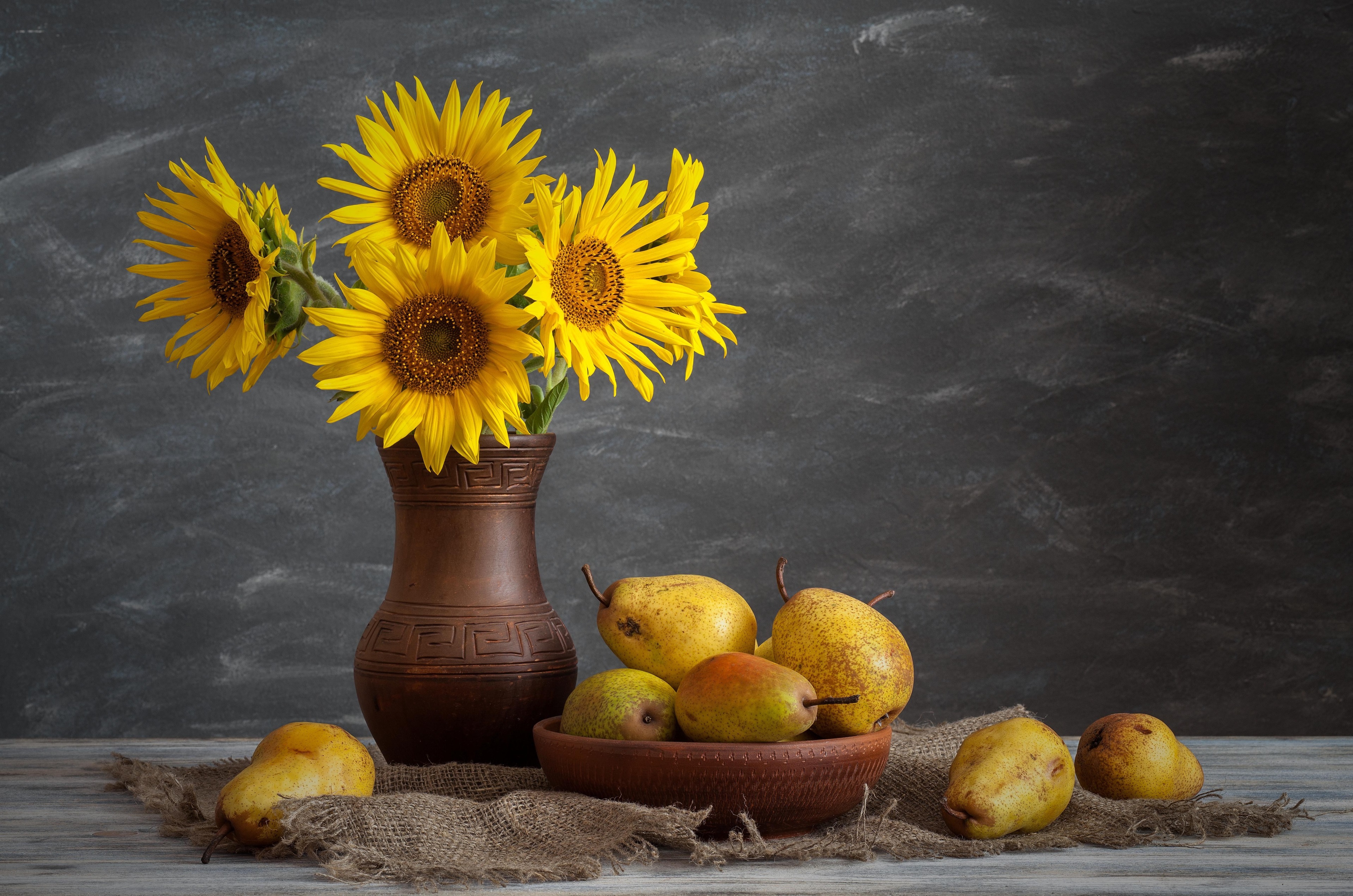 Still life with sunflowers and pears HD Wallpaper