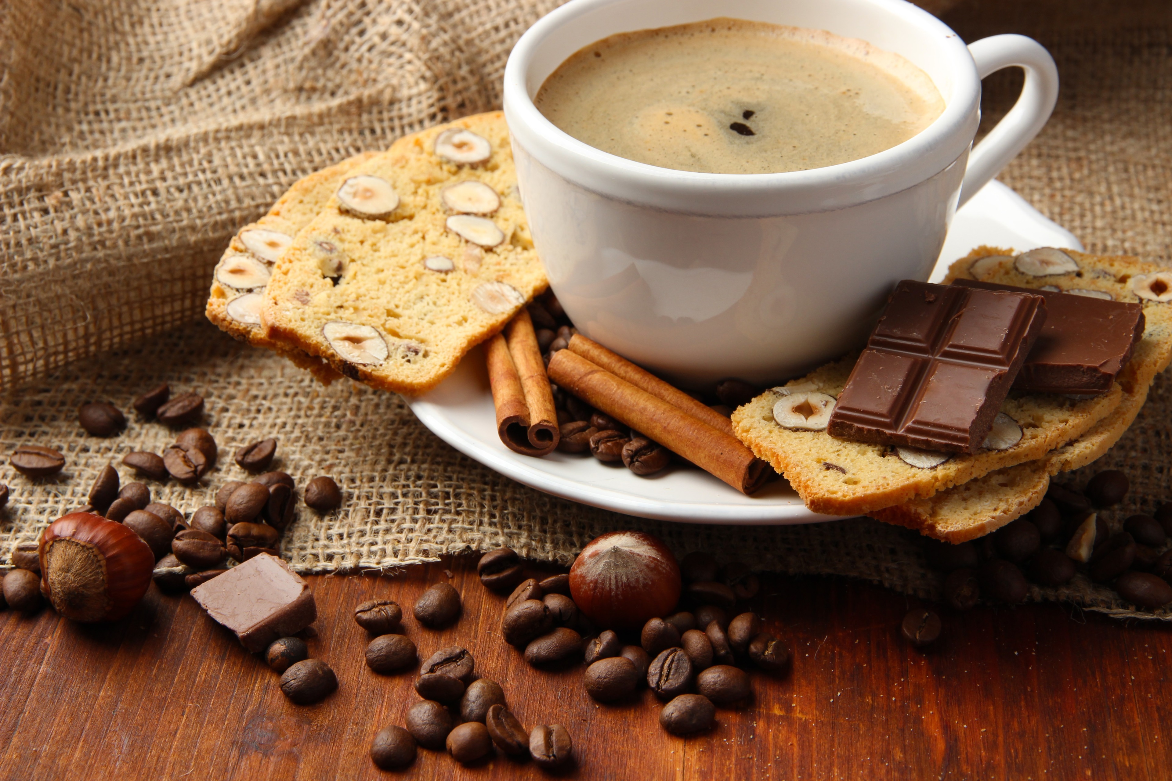 4K Coffee Cup with Biscotti, Cinnamon, and Chocolate HD Wallpaper