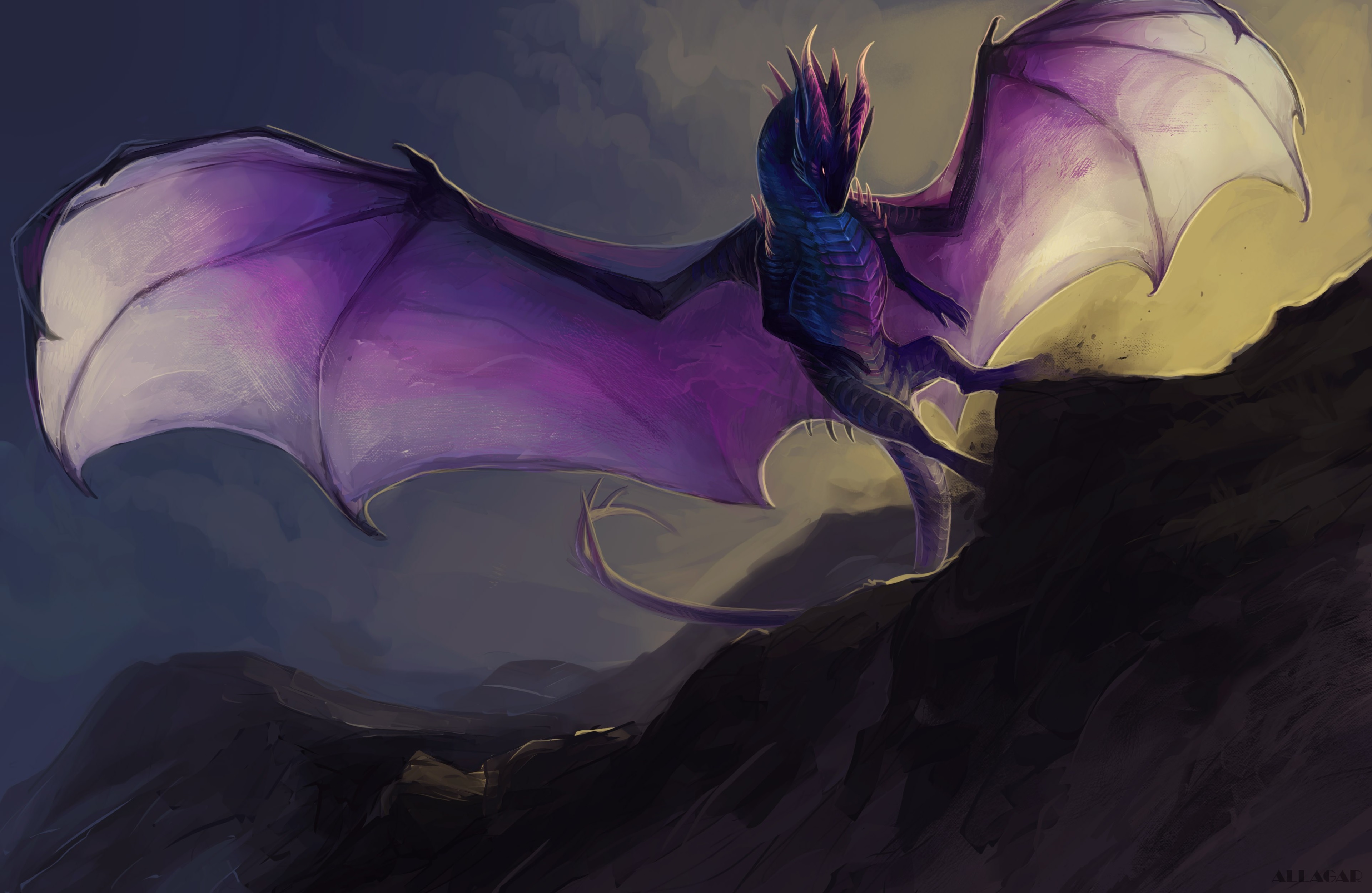 Purple dragon on rocky terrain HD Wallpaper