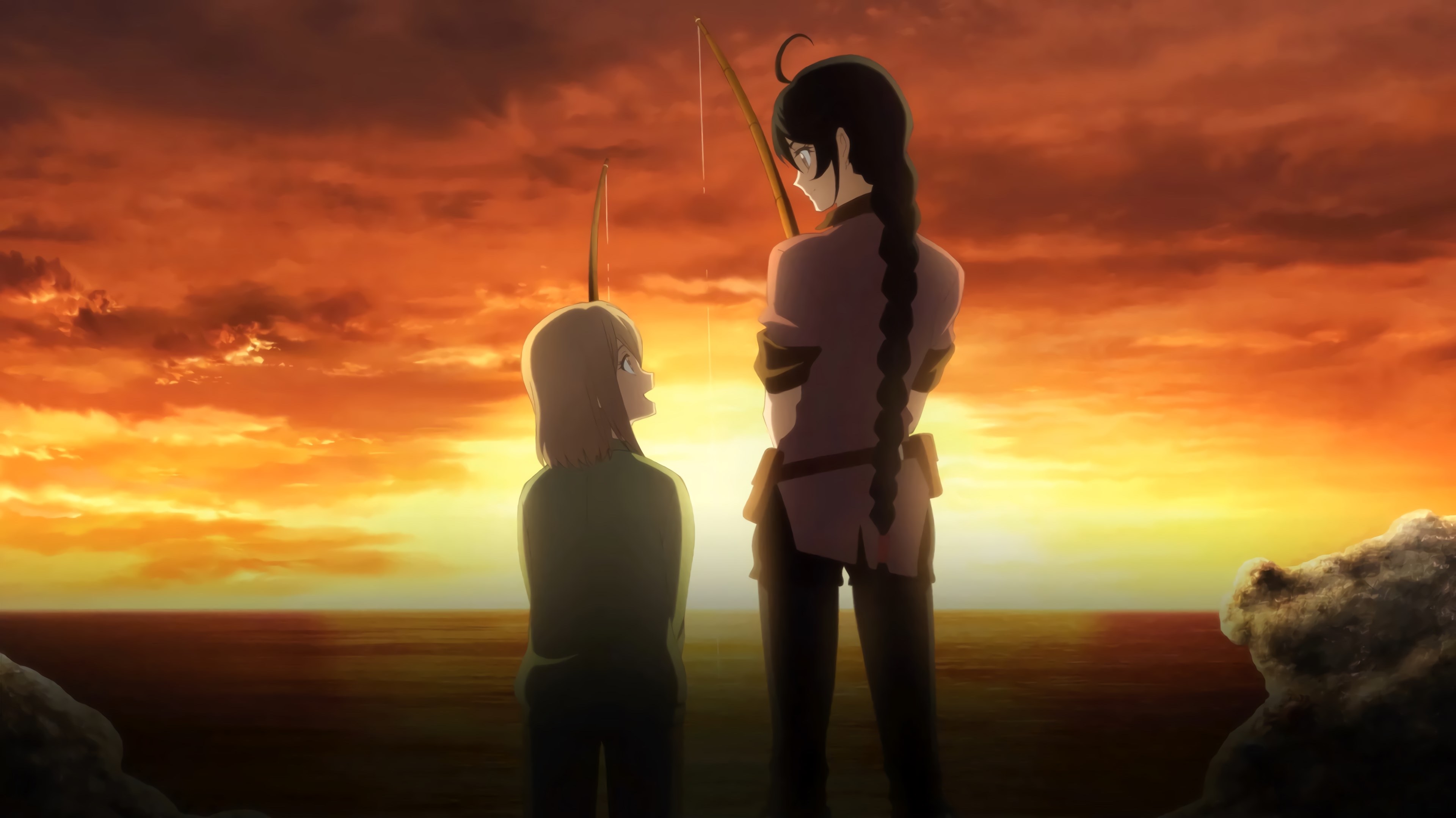 Two characters fishing at sunset in Tales of Berseria 4K HD Wallpaper