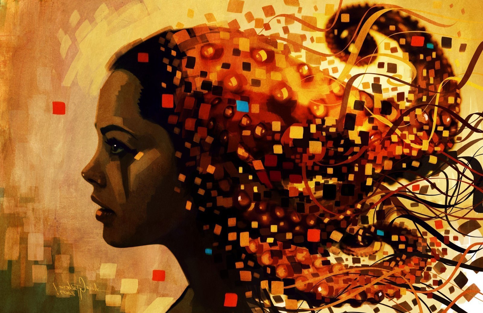Artwork of a woman with abstract squares and ribbons HD Wallpaper