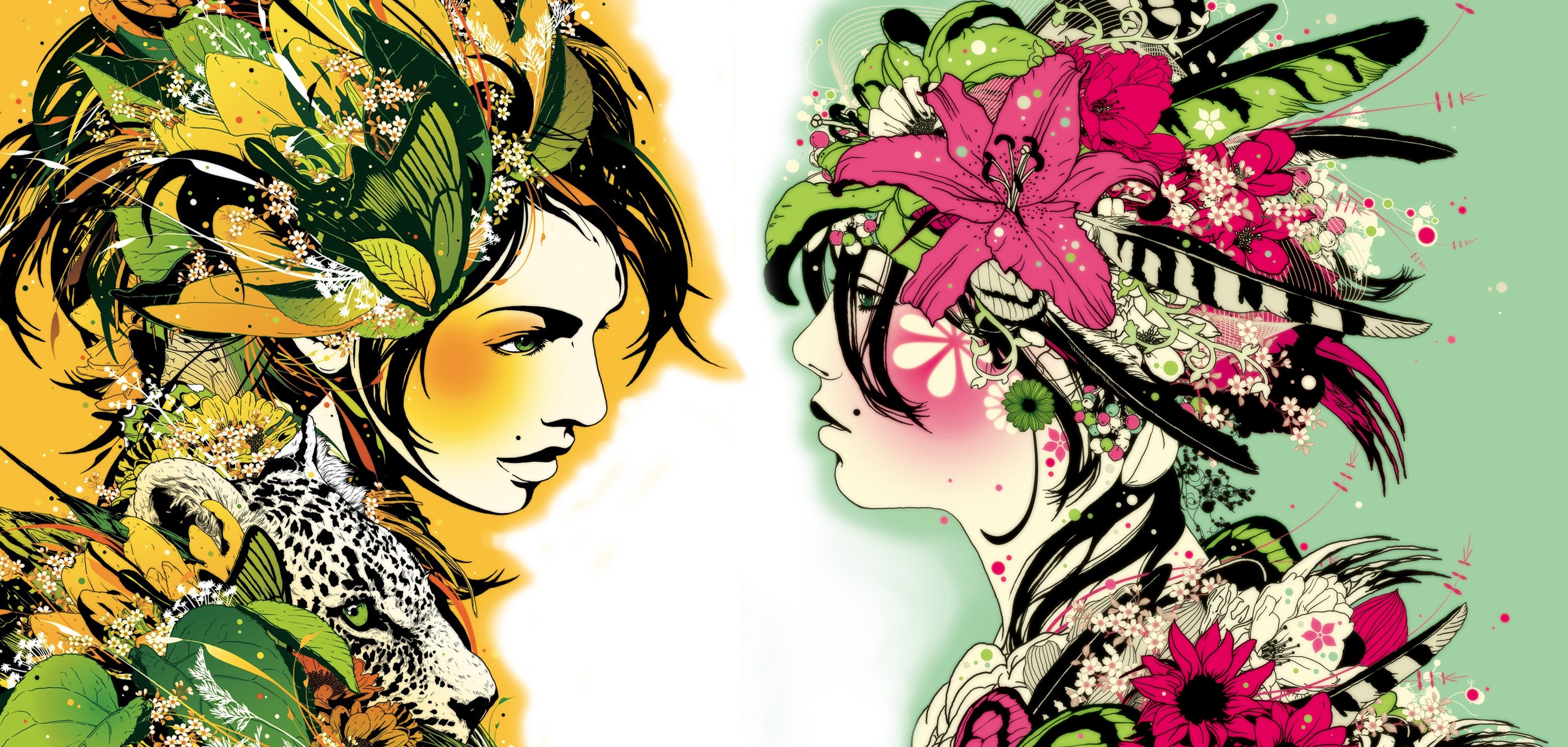Two stylized faces adorned with flowers and nature elements HD Wallpaper