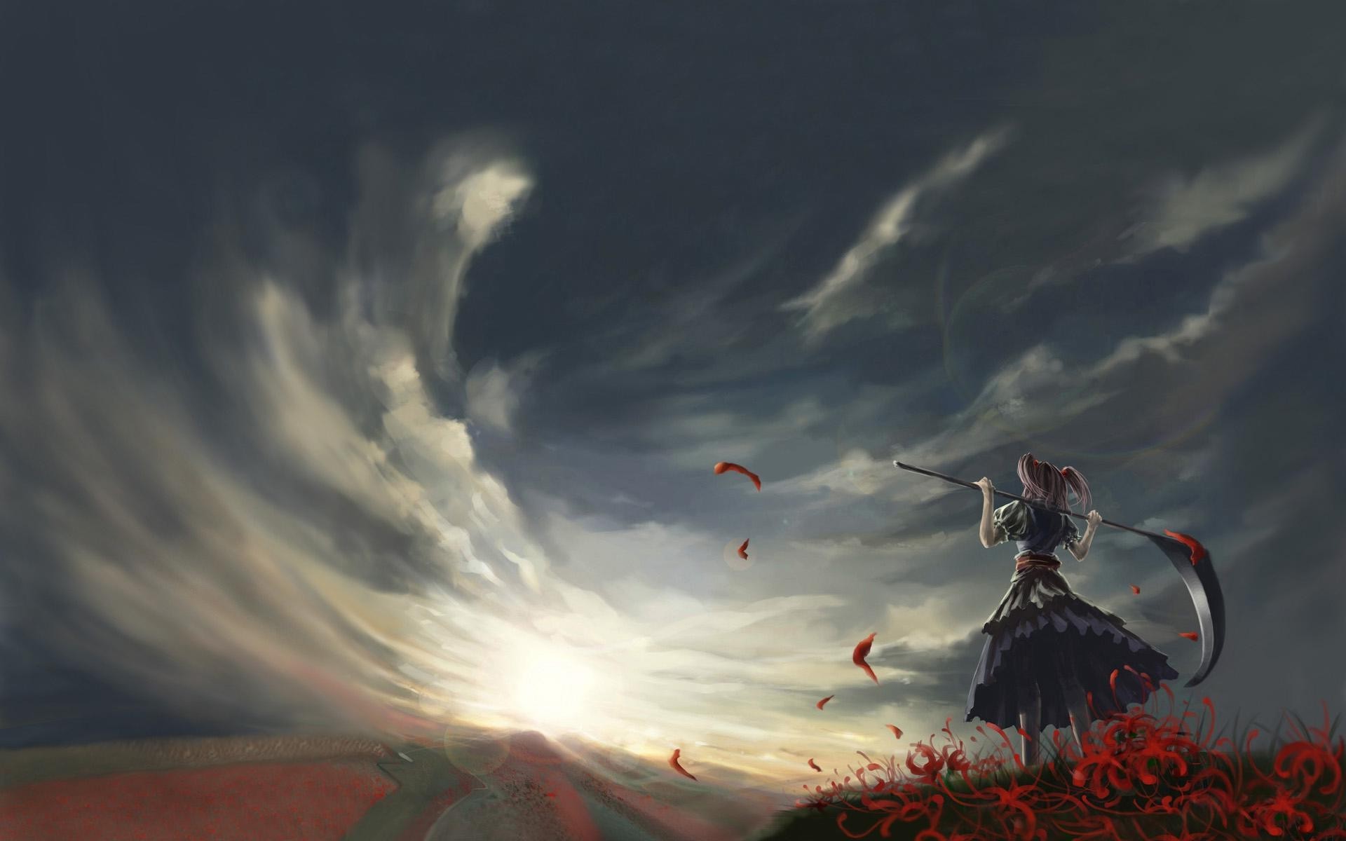 Onozuka Komachi from Touhou holding a scythe in a field HD Wallpaper