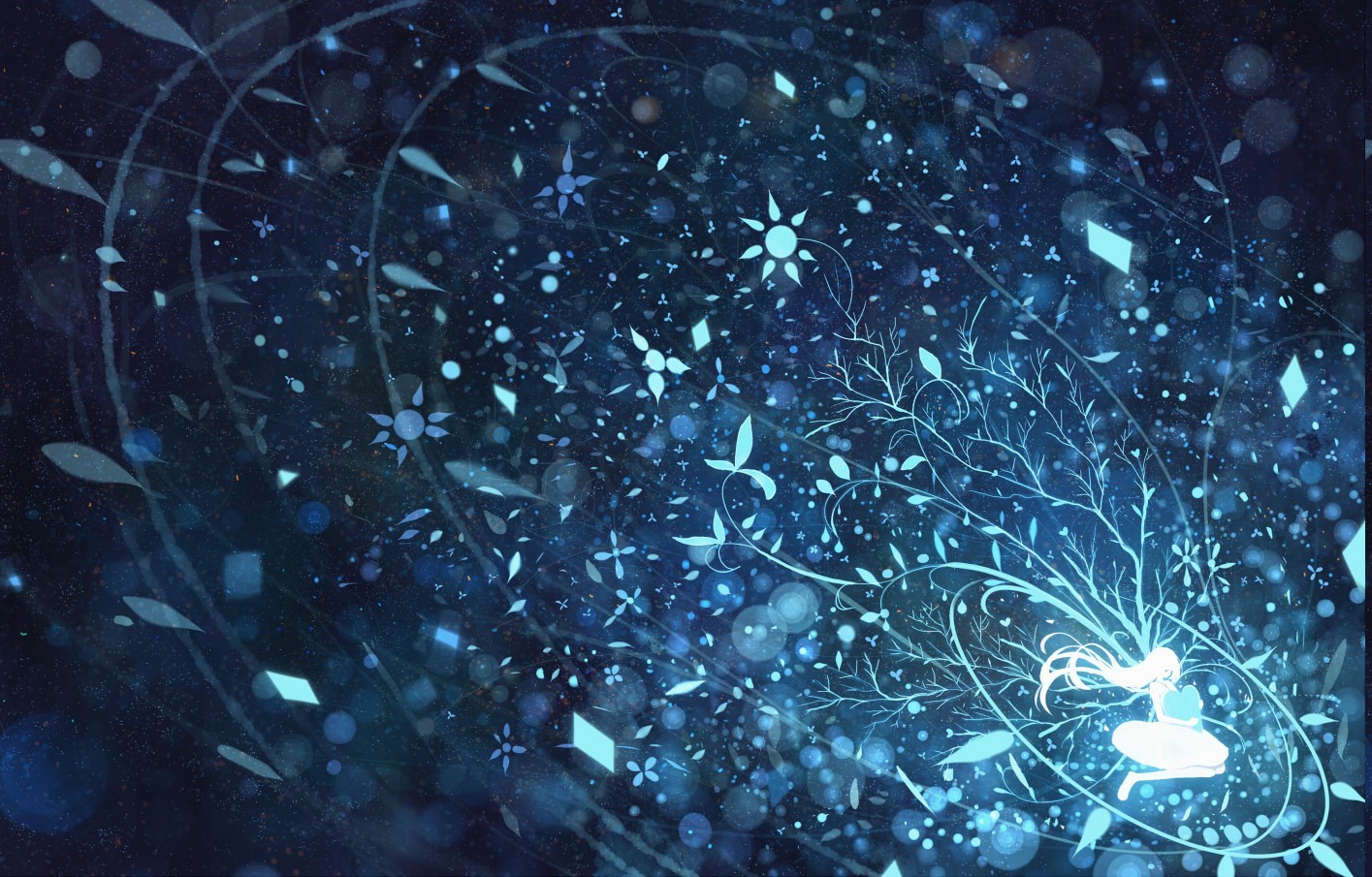 Anime girl with glowing plants in starry sky HD Wallpaper