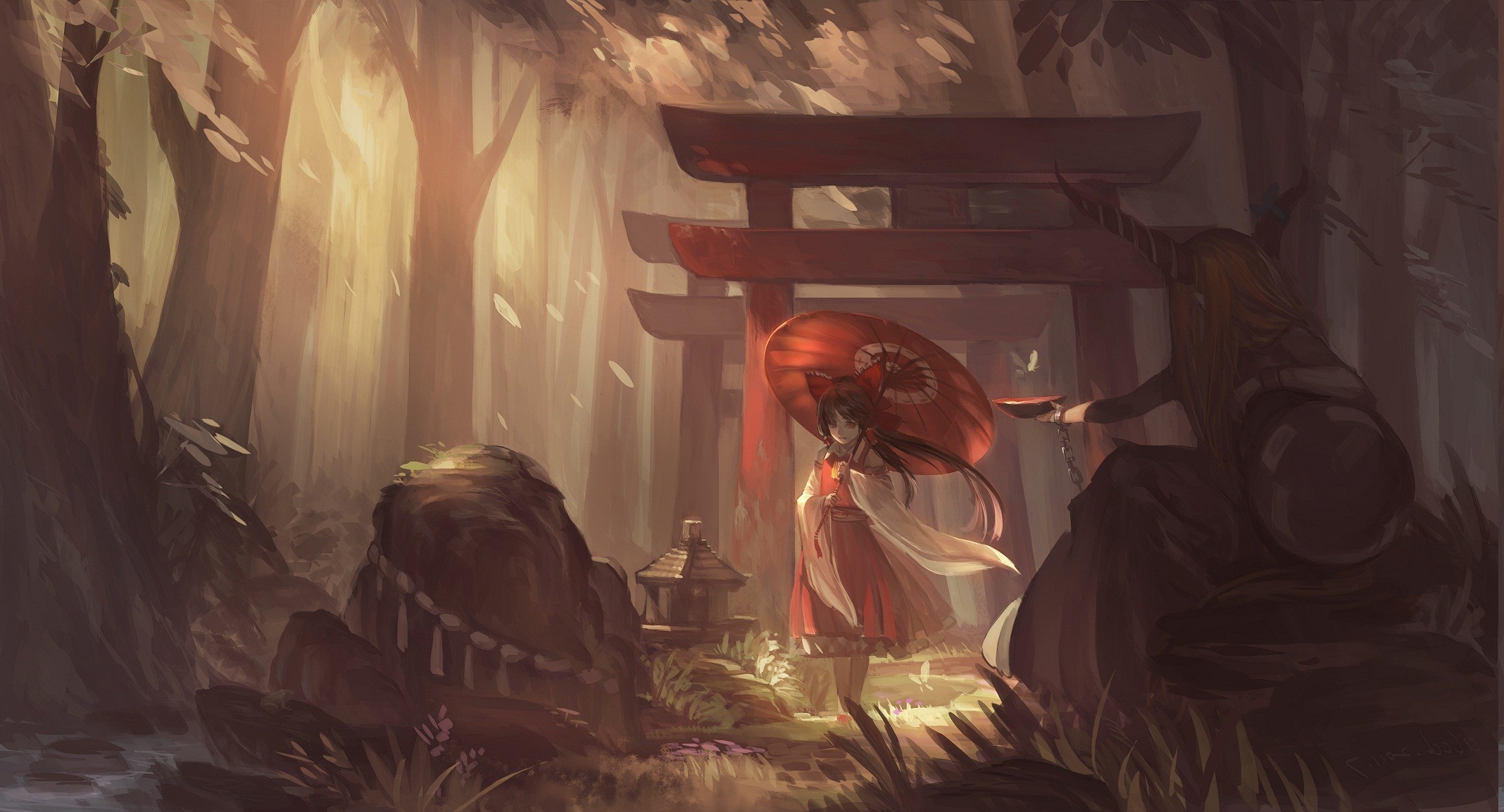 Reimu Hakurei from Touhou in a forest with torii gates HD Wallpaper