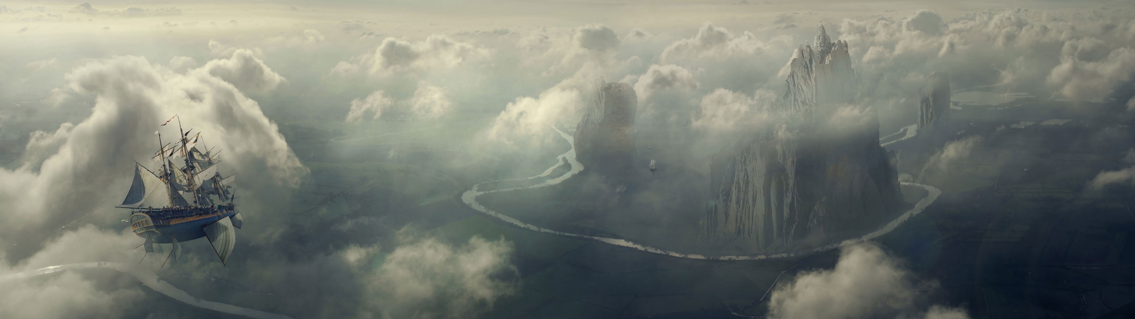 Fantasy airship flying over misty mountains and river HD Wallpaper