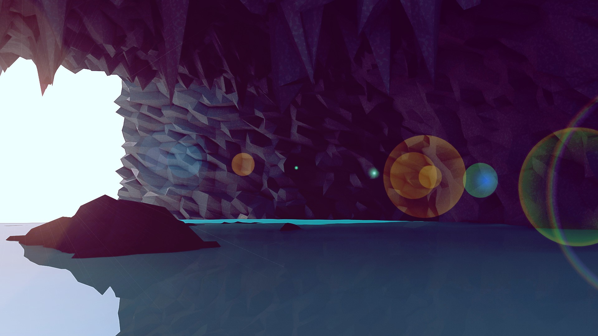 Low poly cave with water and lens flares HD Wallpaper
