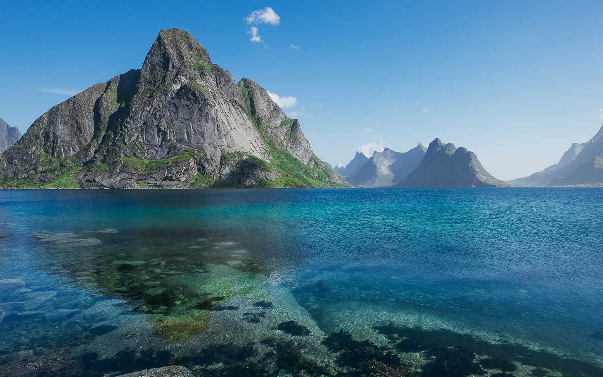 Mountain landscape with clear blue water in Lofoten, Norway HD Wallpaper