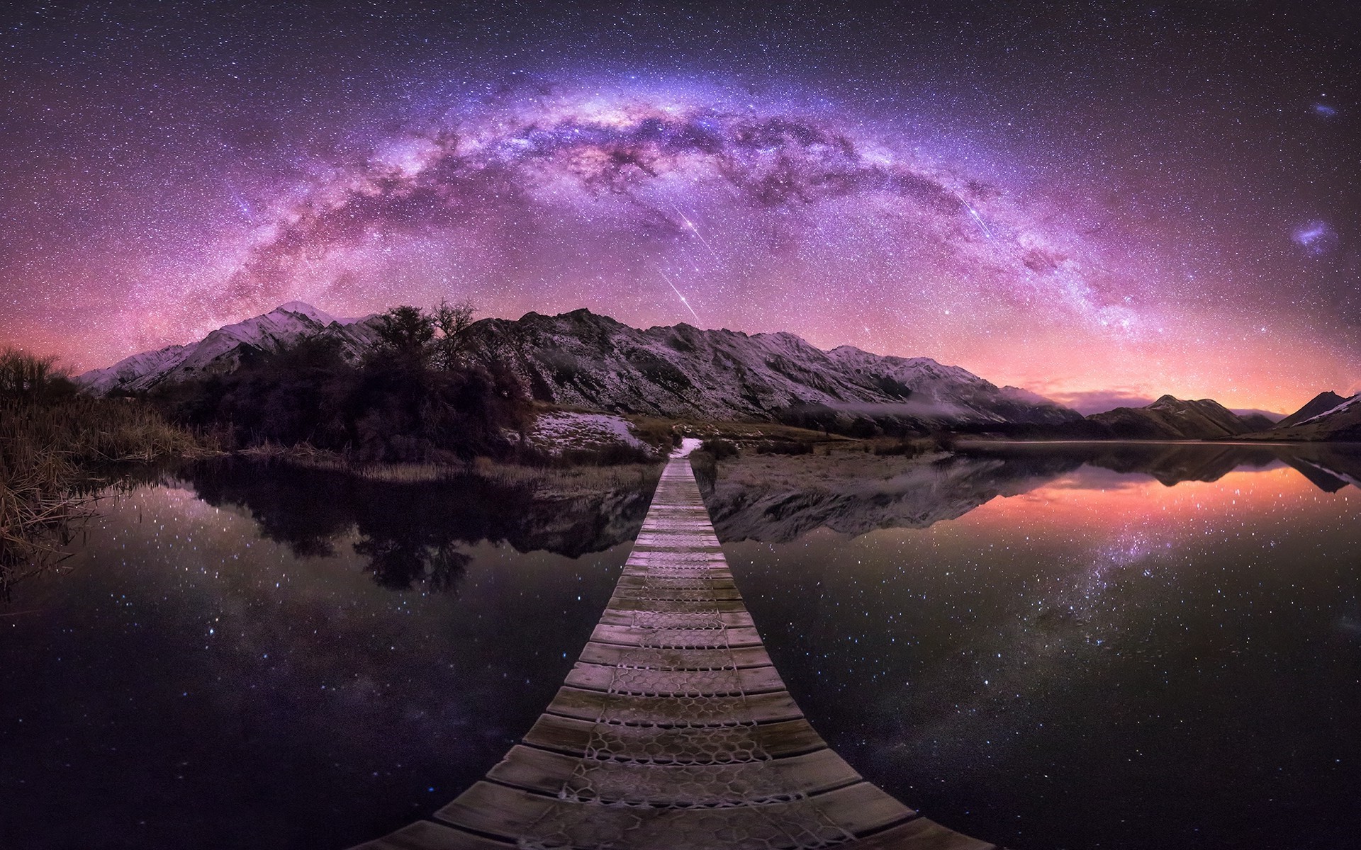 Milky Way over Mountains and Lake with Wooden Walkway HD Wallpaper