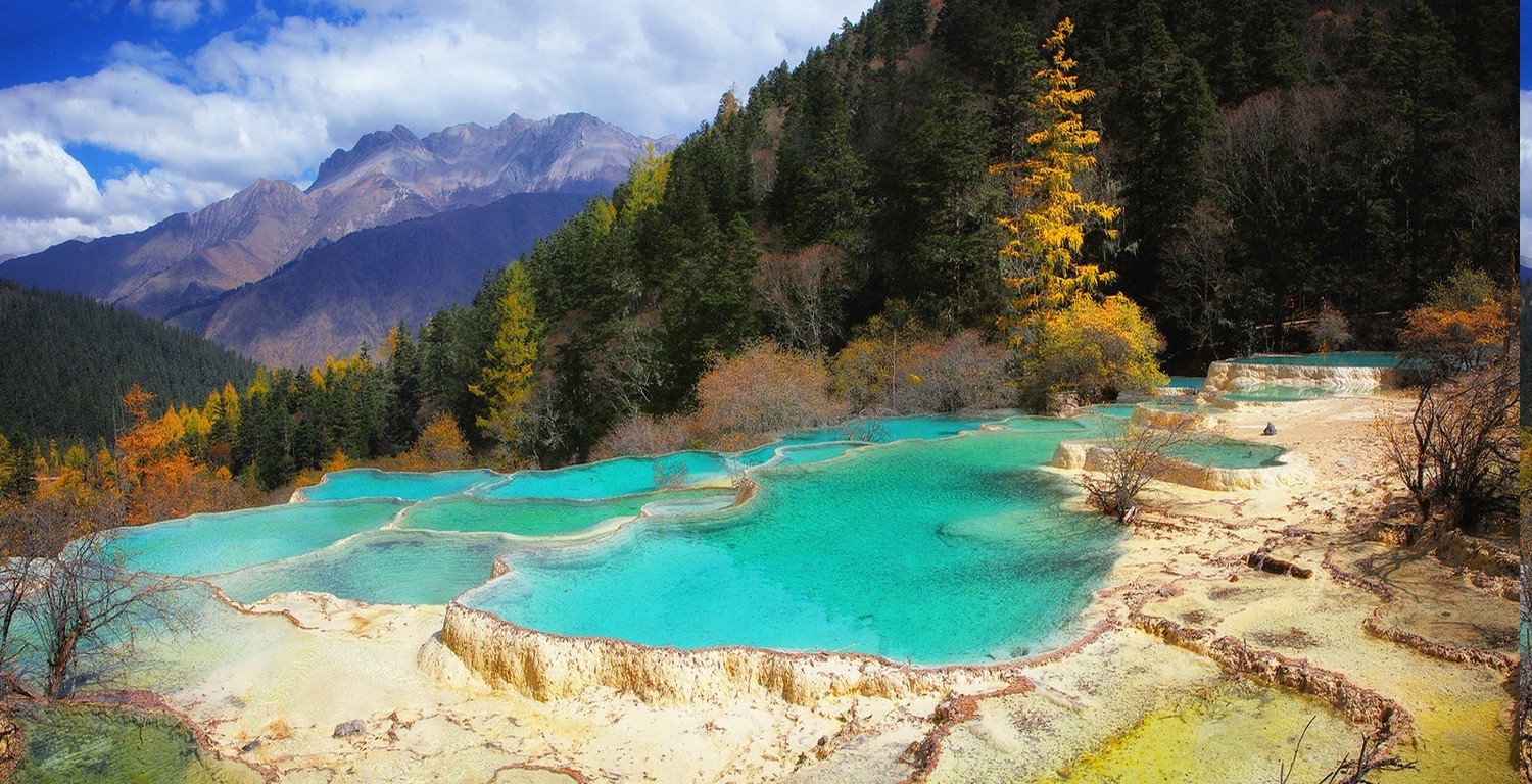 Turquoise Terraces in a Mountainous Forest Landscape HD Wallpaper