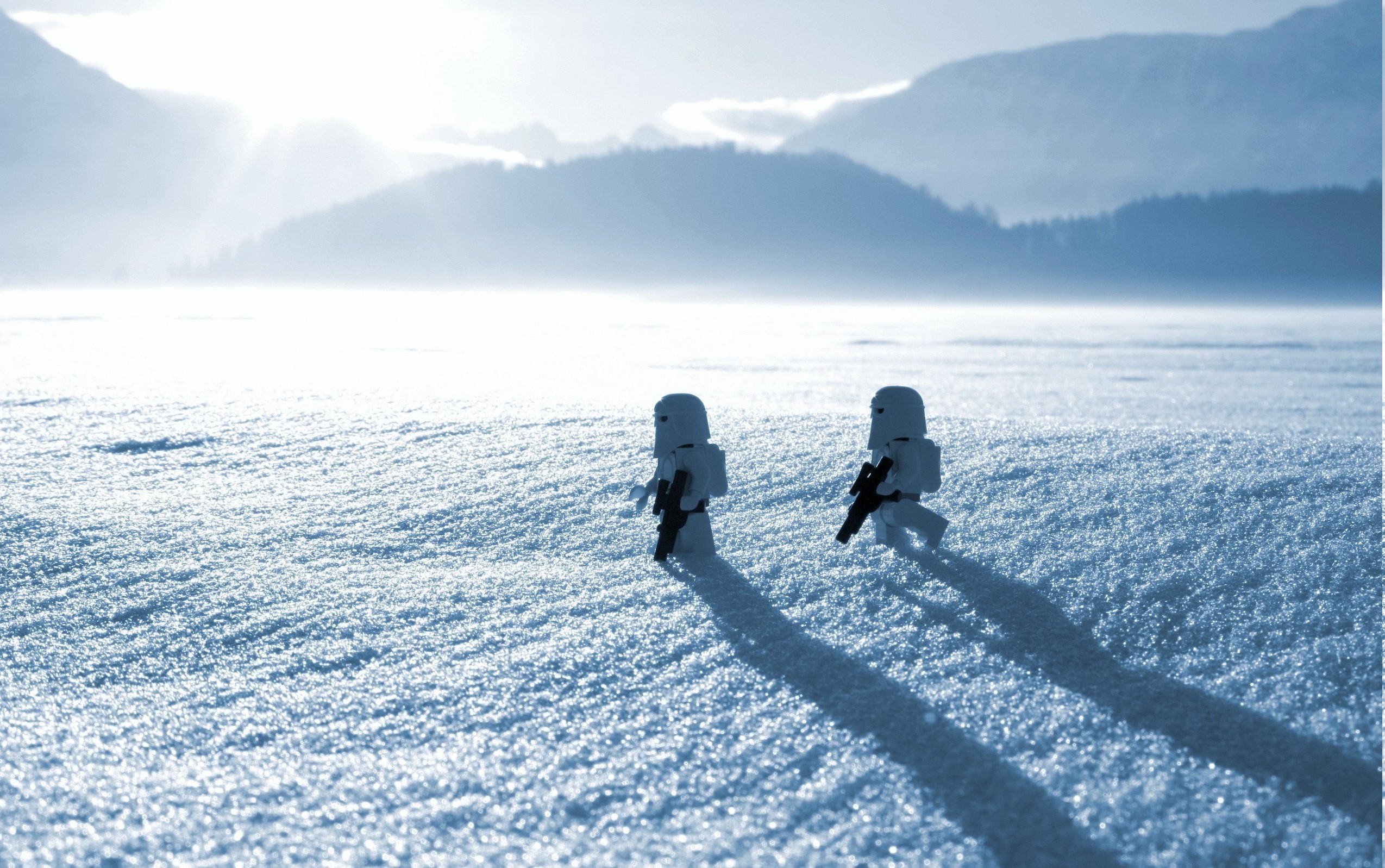 Two Lego Star Wars stormtroopers walking on snow HD Wallpaper