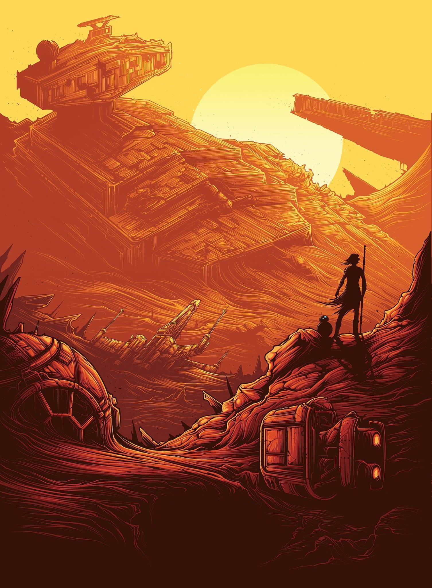 Rey and BB-8 on Jakku from Star Wars: The Force Awakens HD Wallpaper