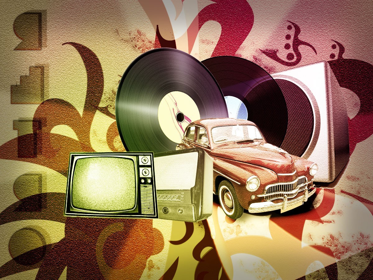 Vintage car, vinyl records, and television HD Wallpaper