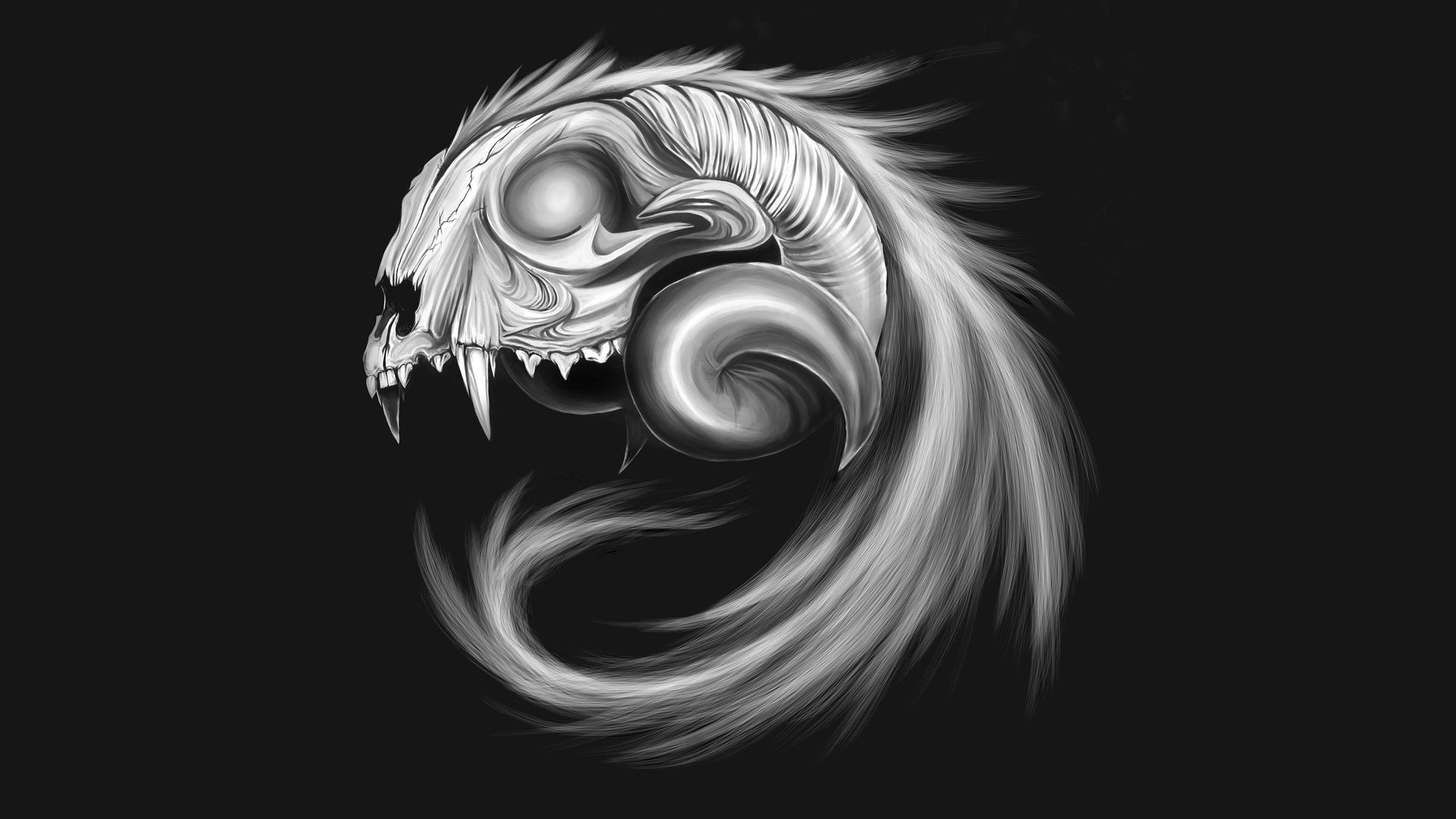 Monochrome skull with horns and tail on gray background HD Wallpaper