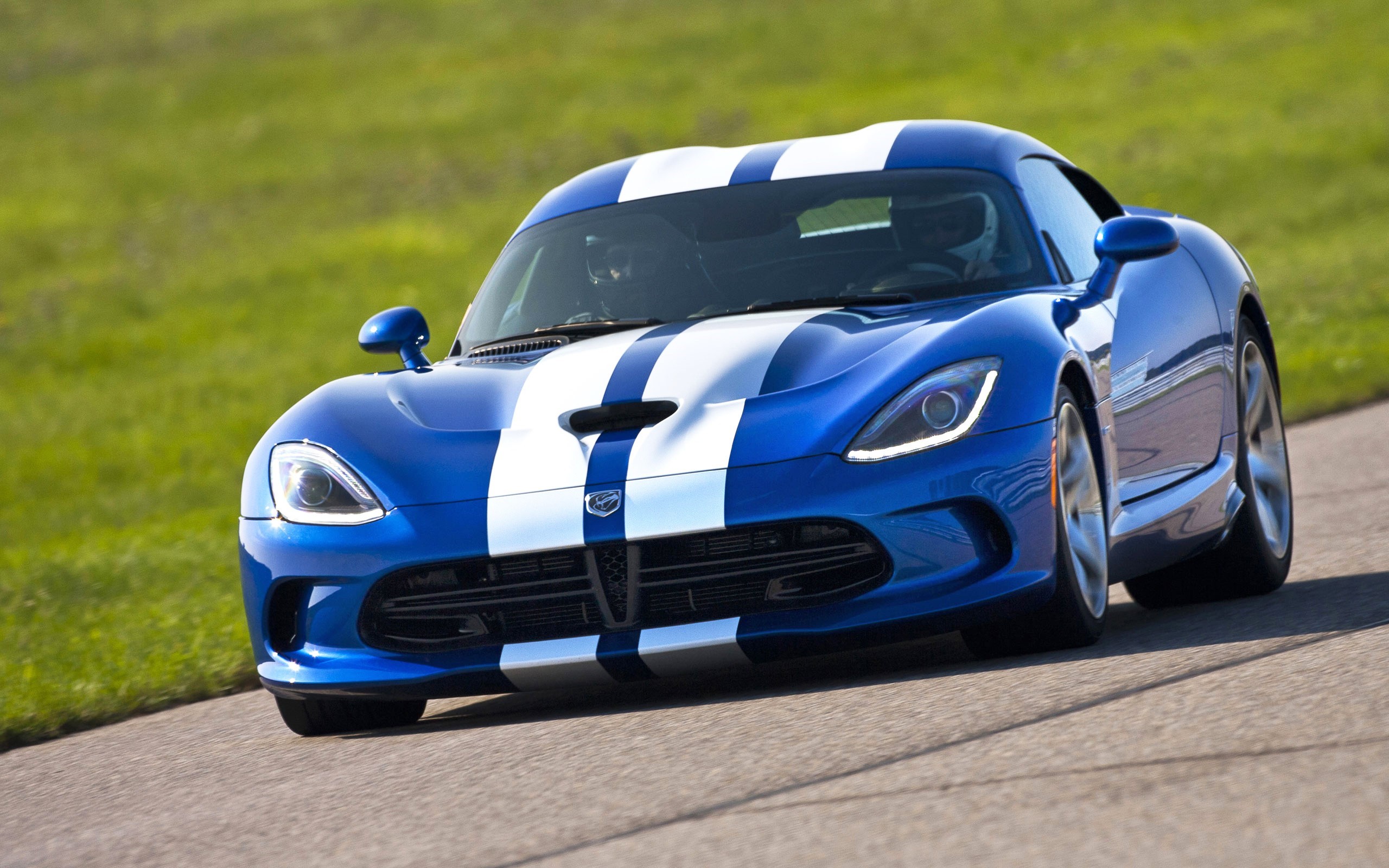 Blue Dodge Viper with White Stripes on Road HD Wallpaper