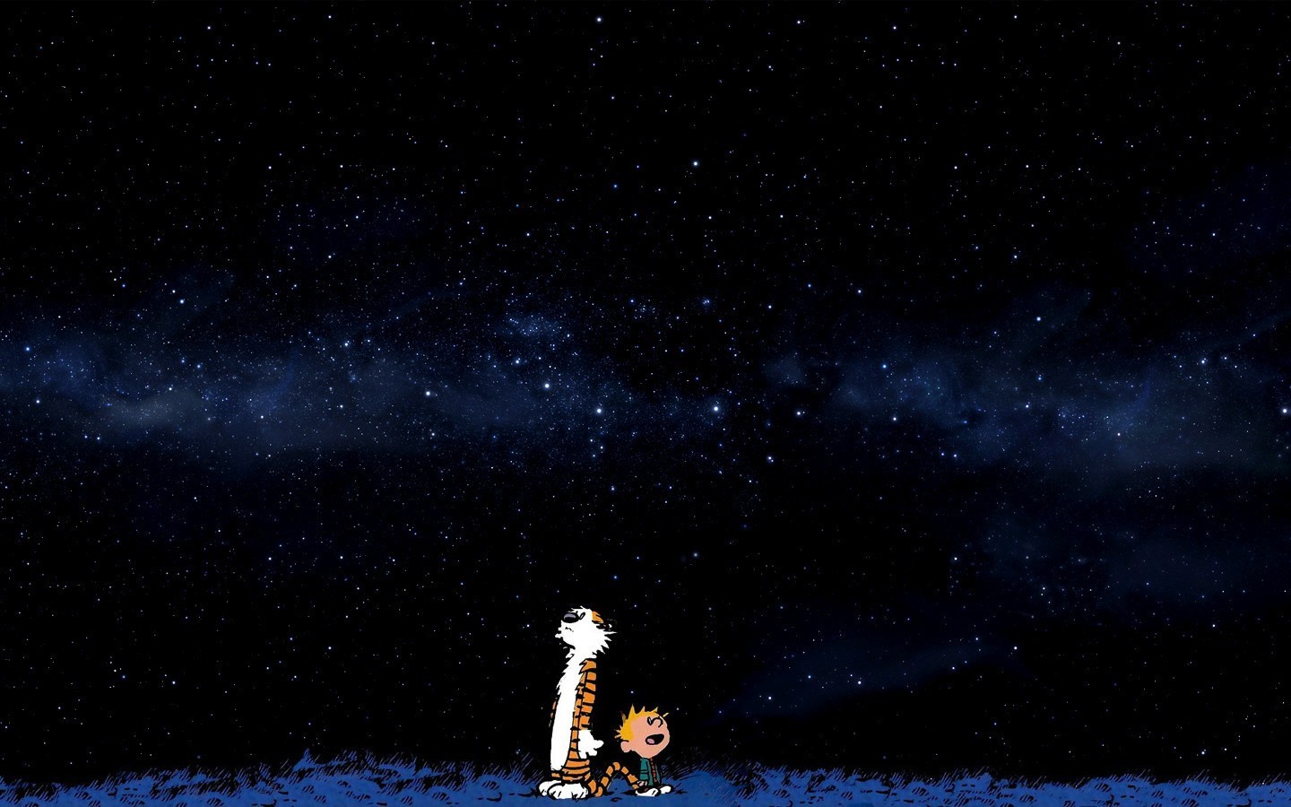 Calvin and Hobbes looking at the starry night sky HD Wallpaper