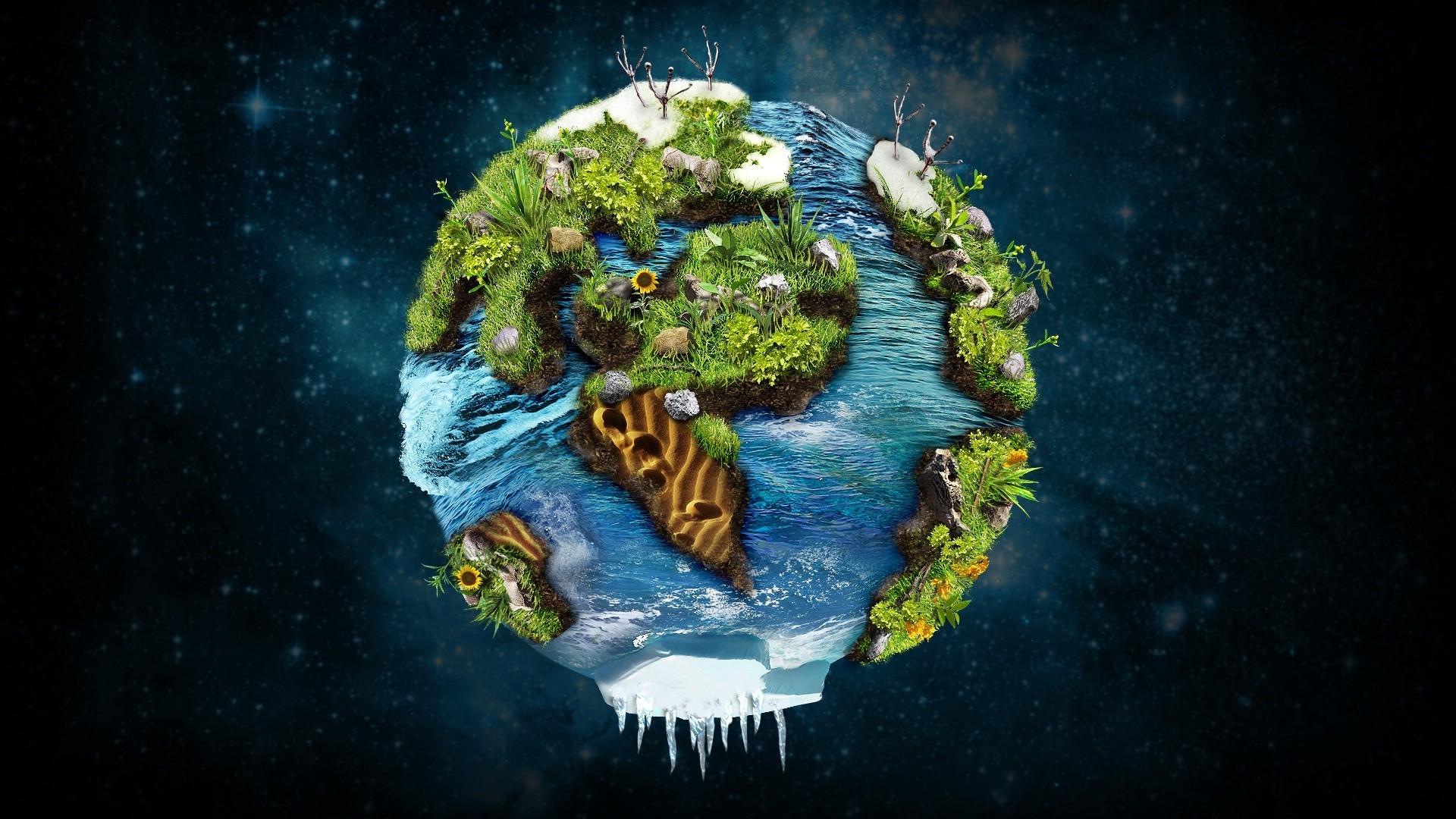 Fantasy Earth with plants and water in space HD Wallpaper