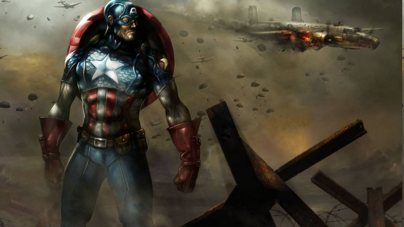 Captain America in a World War II battle scene HD Wallpaper