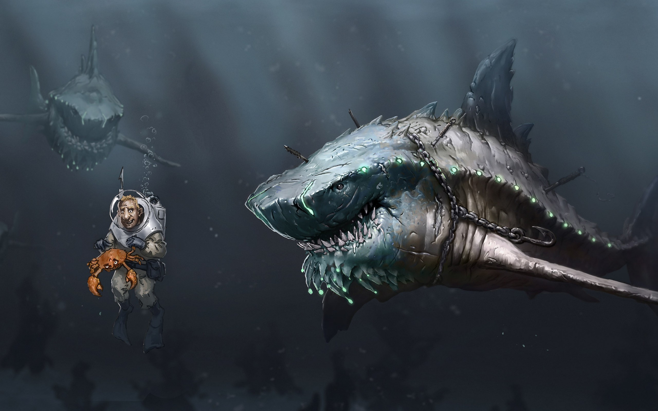 Mechanized shark attacks diver holding crab underwater HD Wallpaper