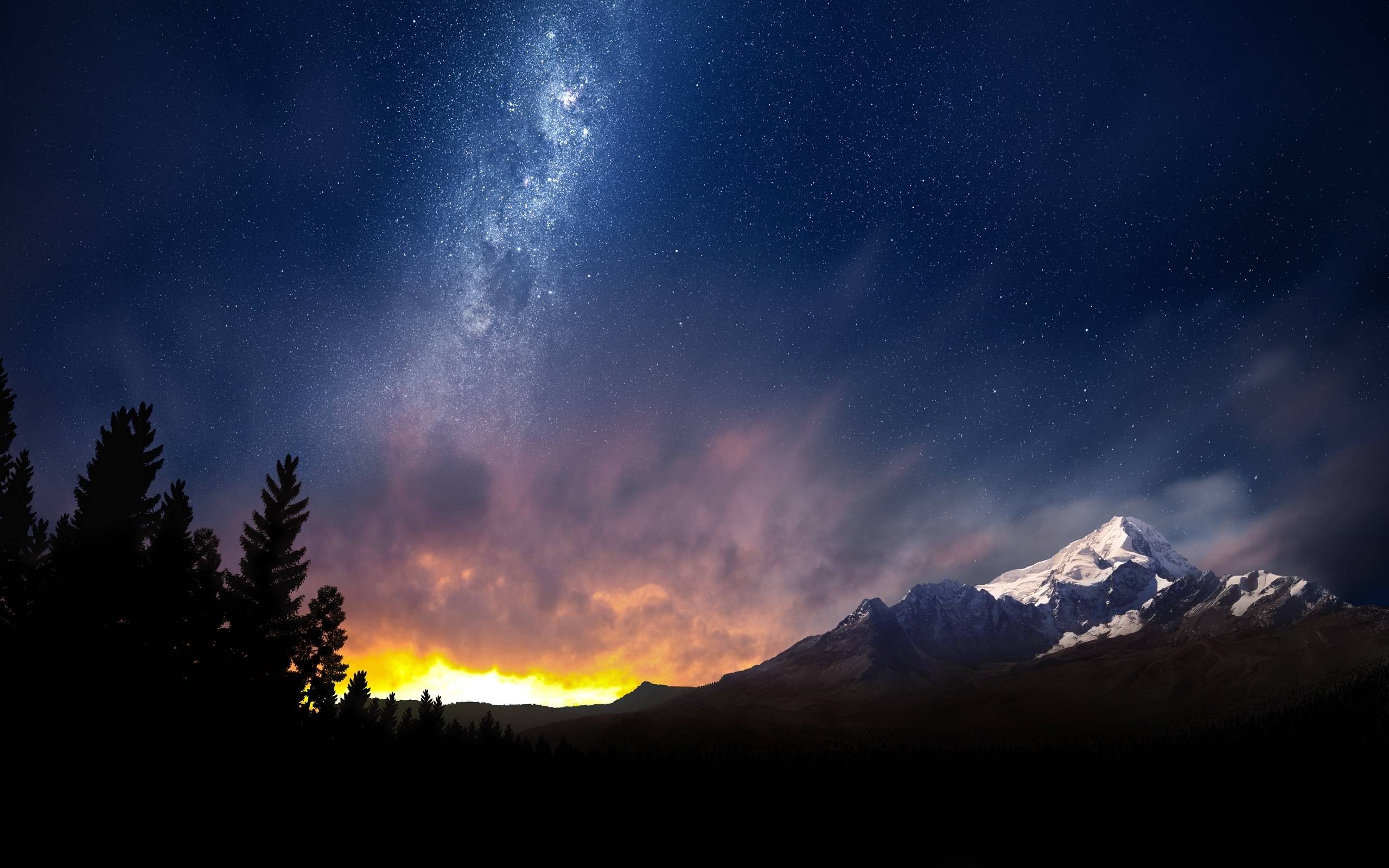 Milky Way over snow-capped mountains and forest HD Wallpaper