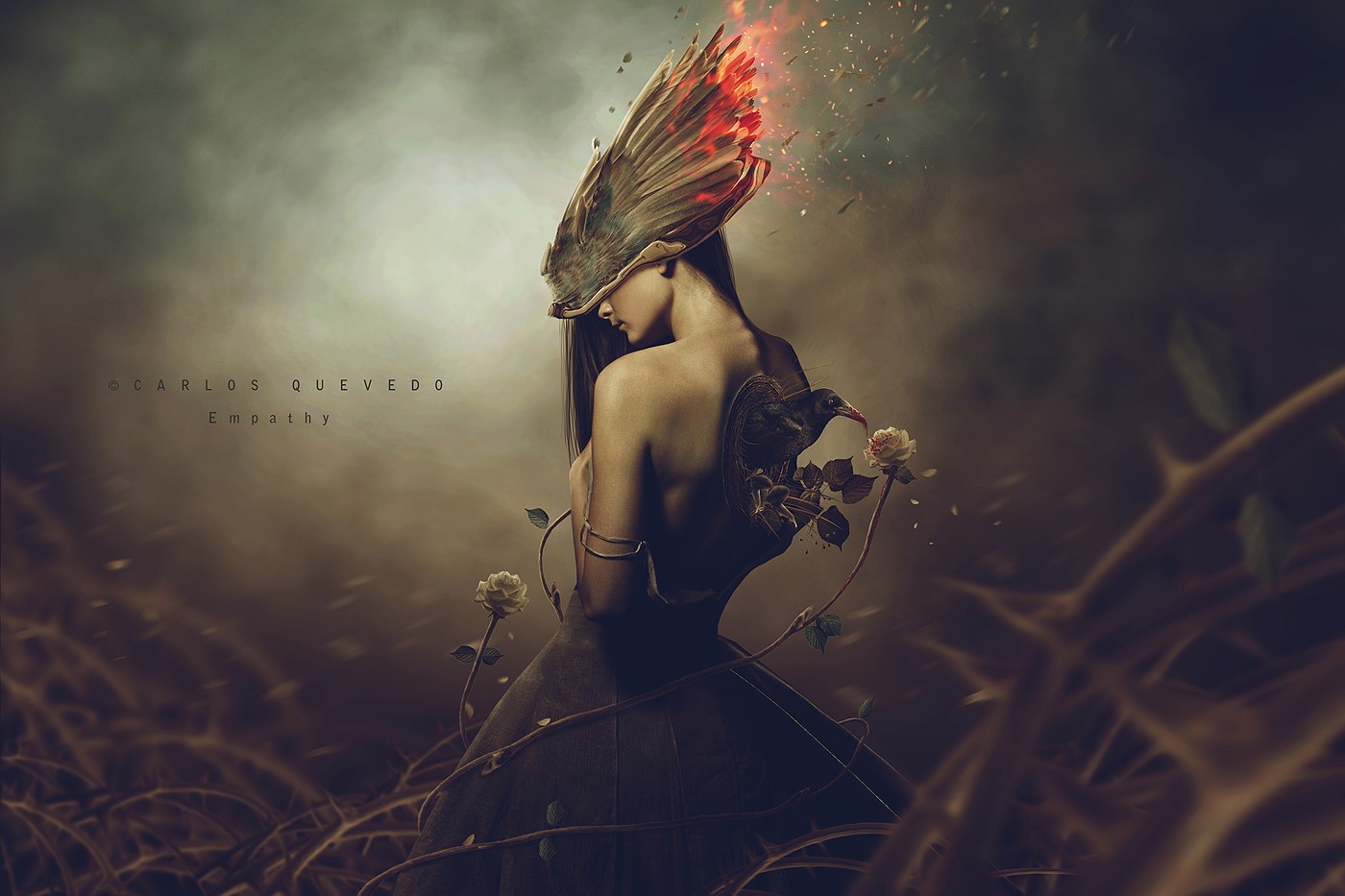 Woman with bird and roses, surreal digital art HD Wallpaper