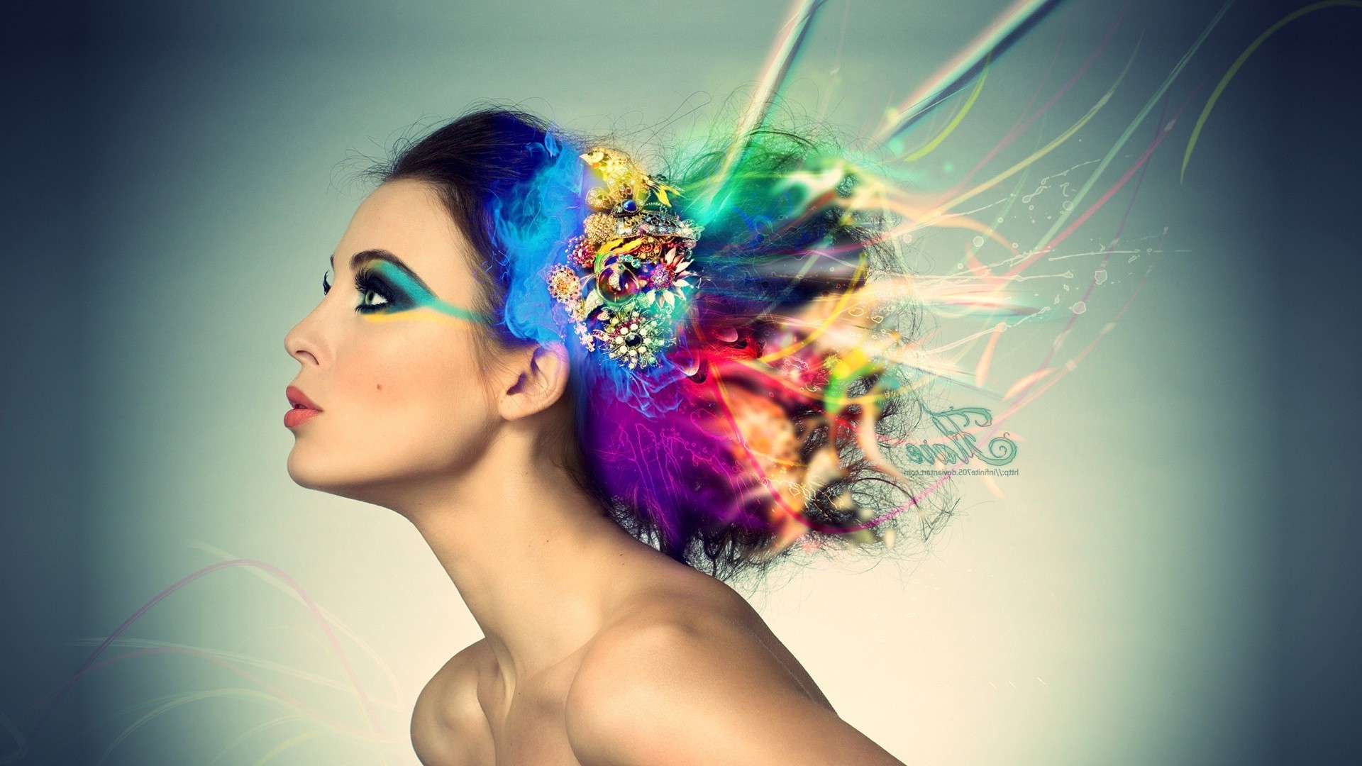 Woman with colorful digital art hair HD Wallpaper