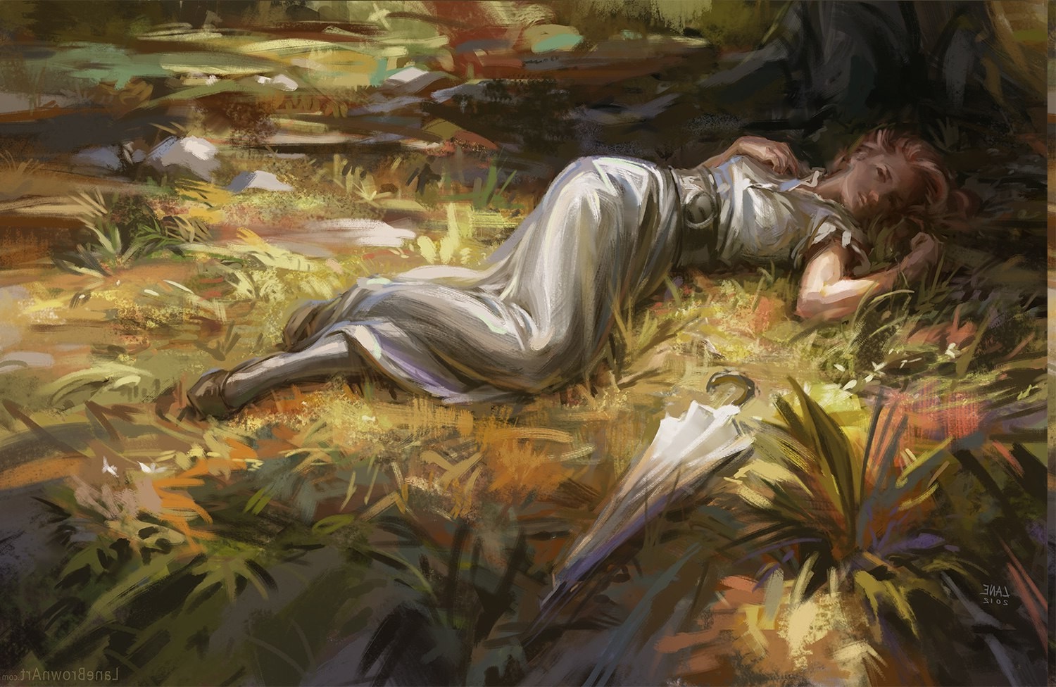 Woman sleeping in a forest with an umbrella HD Wallpaper
