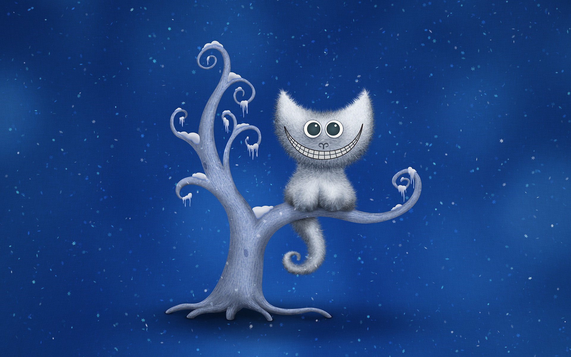 Smiling Cheshire Cat on Snowy Tree Branch HD Wallpaper