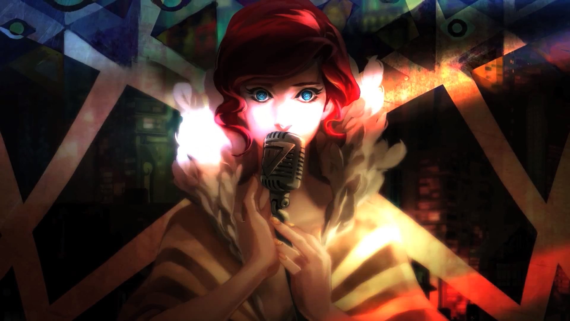 Redhead singer with blue eyes and microphone HD Wallpaper