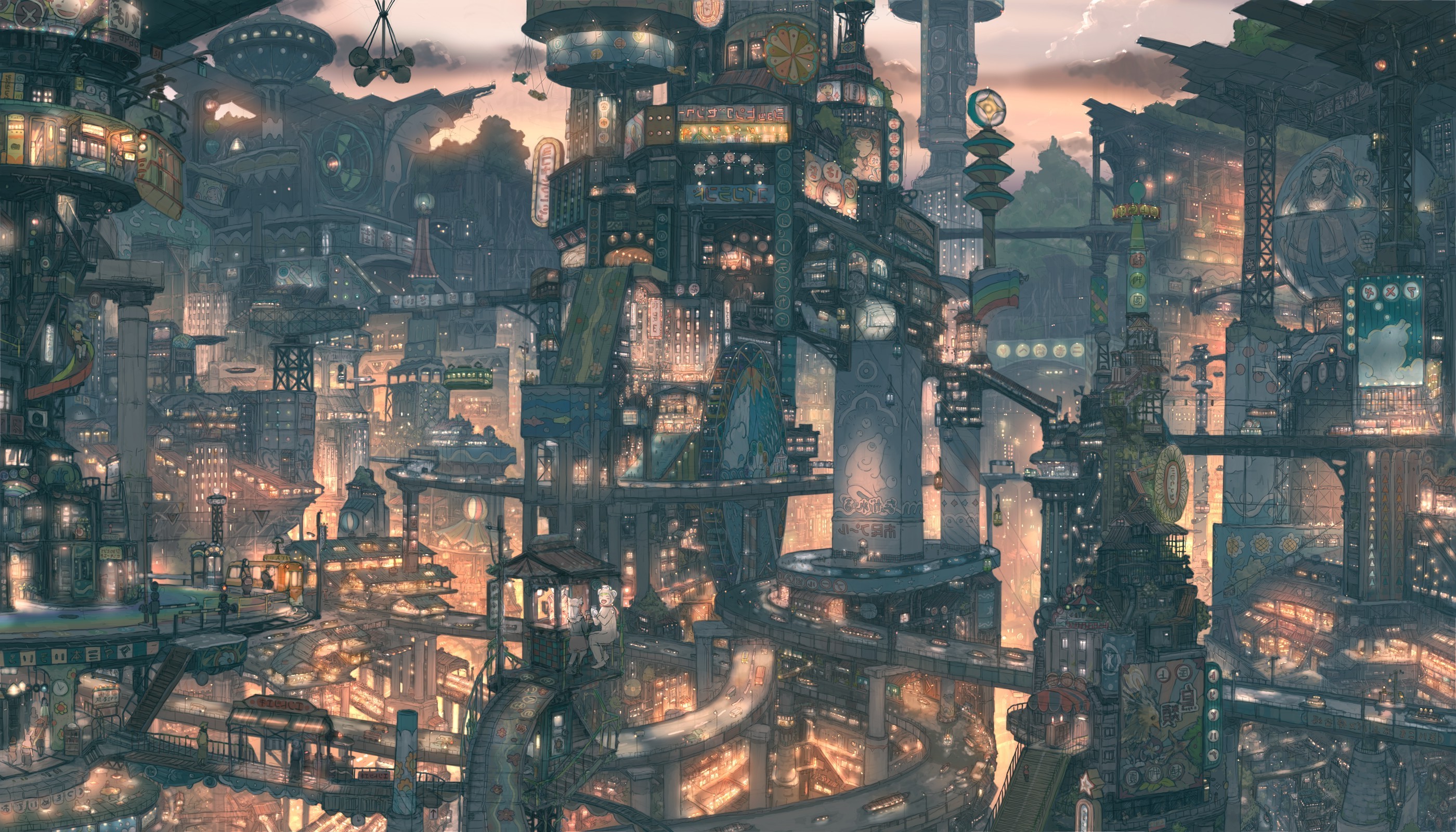 Steampunk city with flying vehicles and glowing lights HD Wallpaper