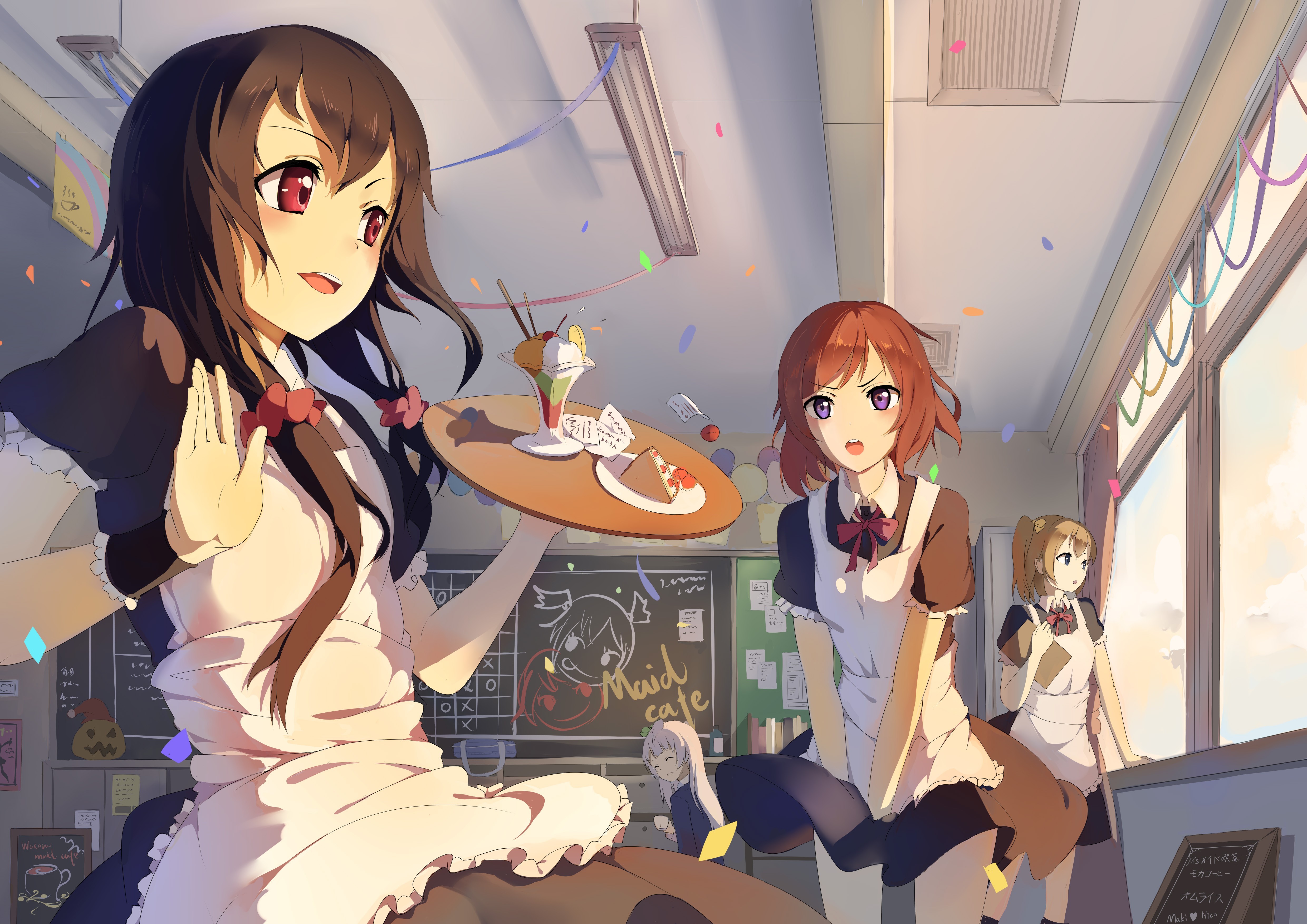 Maid Cafe Anime Girls Serving Desserts HD Wallpaper