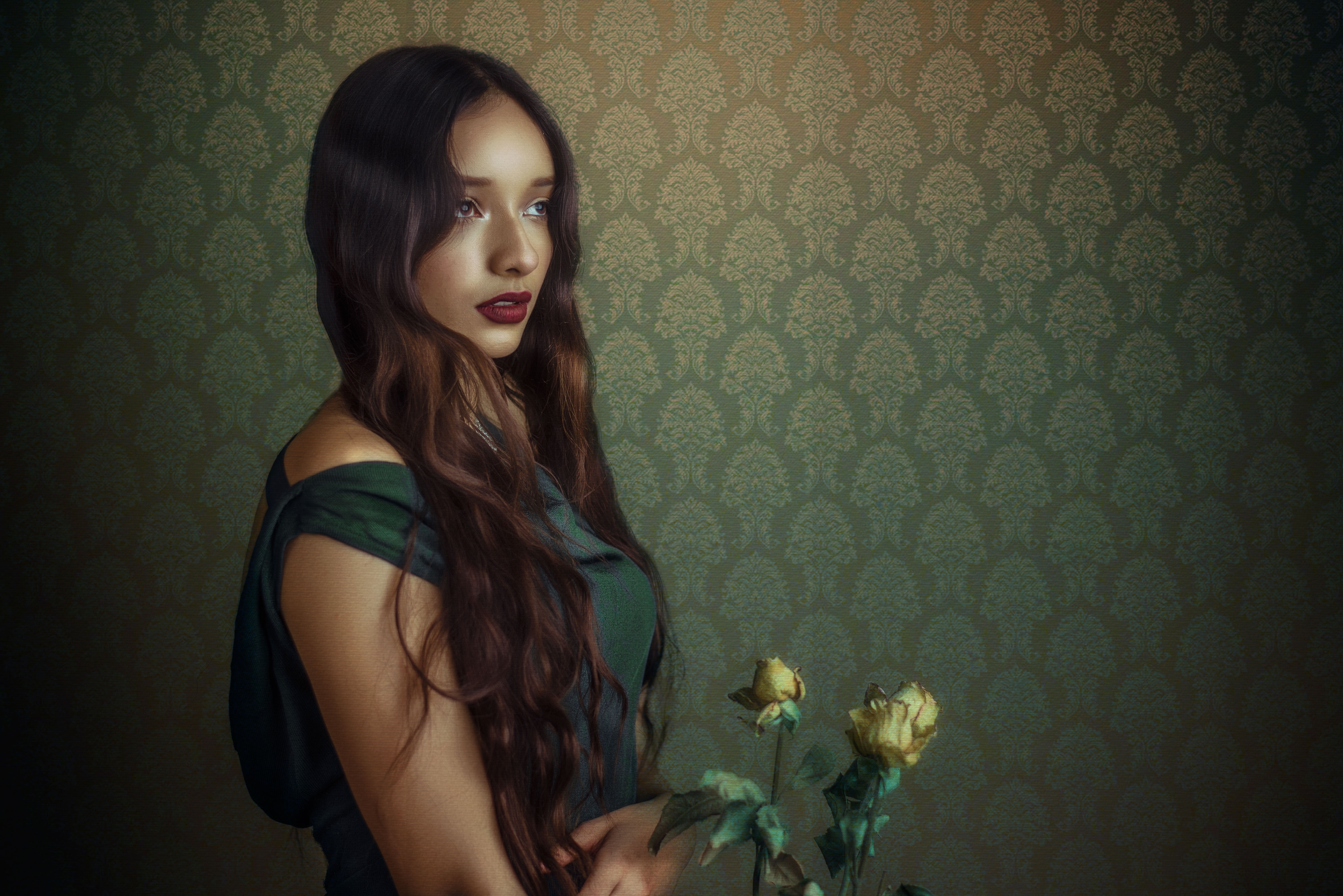 Woman with long hair and dead roses HD Wallpaper