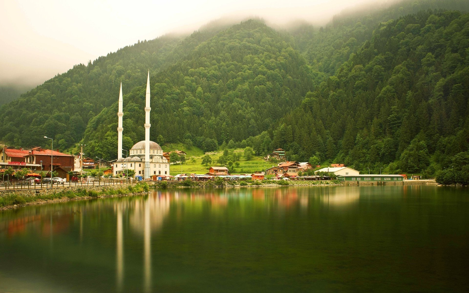 Mosque and village by a lake in Uzungol, Turkey HD Wallpaper