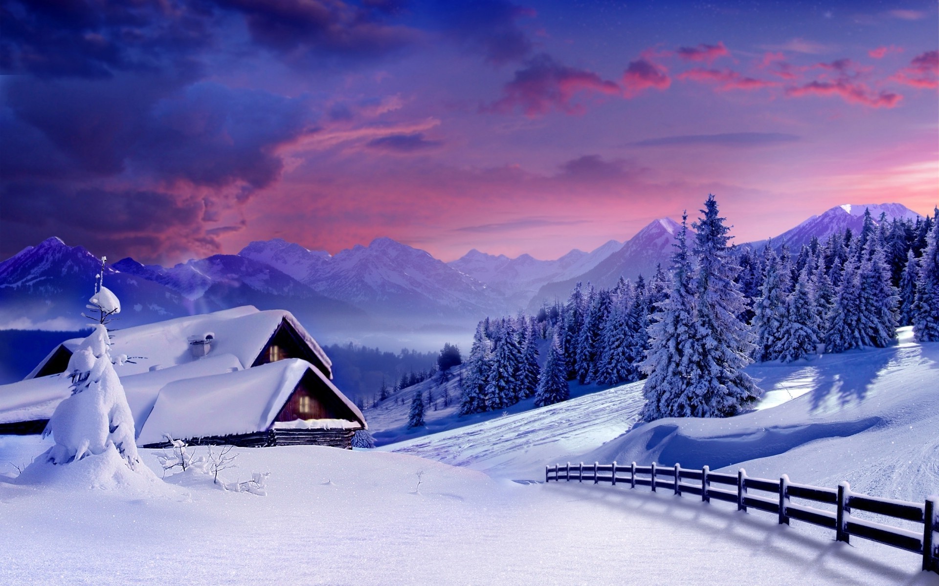 Snowy mountain landscape with cottages and forest at sunset HD Wallpaper