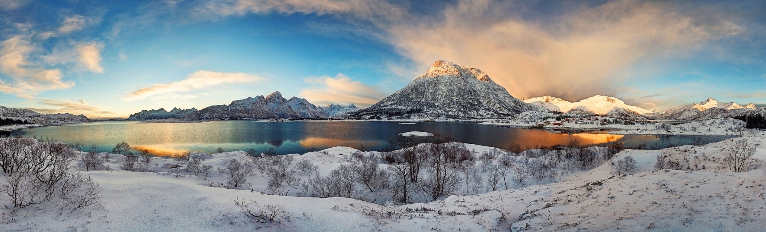 Winter sunrise over Lofoten mountains and fjord, Norway HD Wallpaper