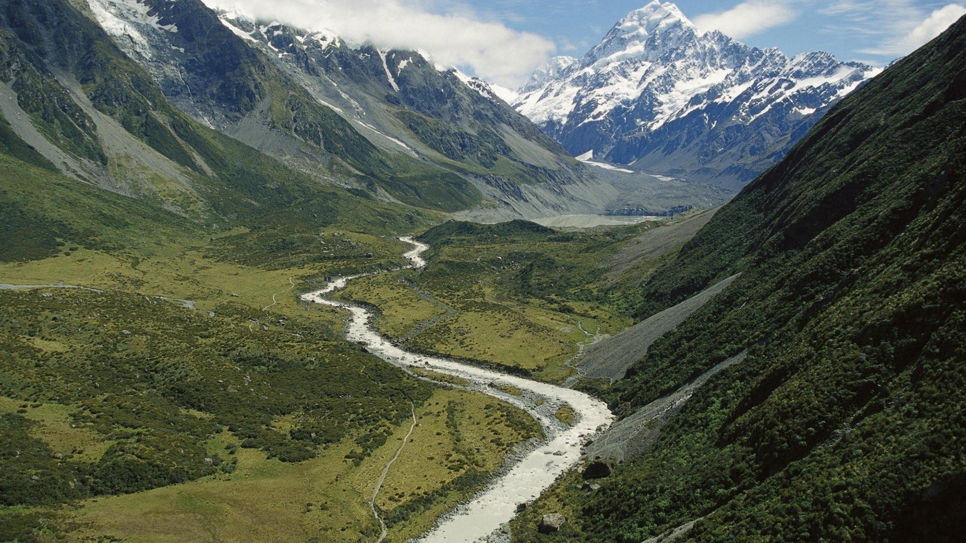 River valley with snow-capped mountains HD Wallpaper