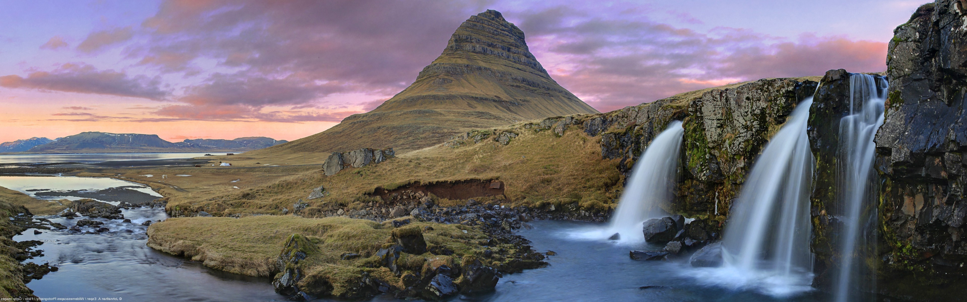 Kirkjufell mountain and waterfall landscape at sunset HD Wallpaper