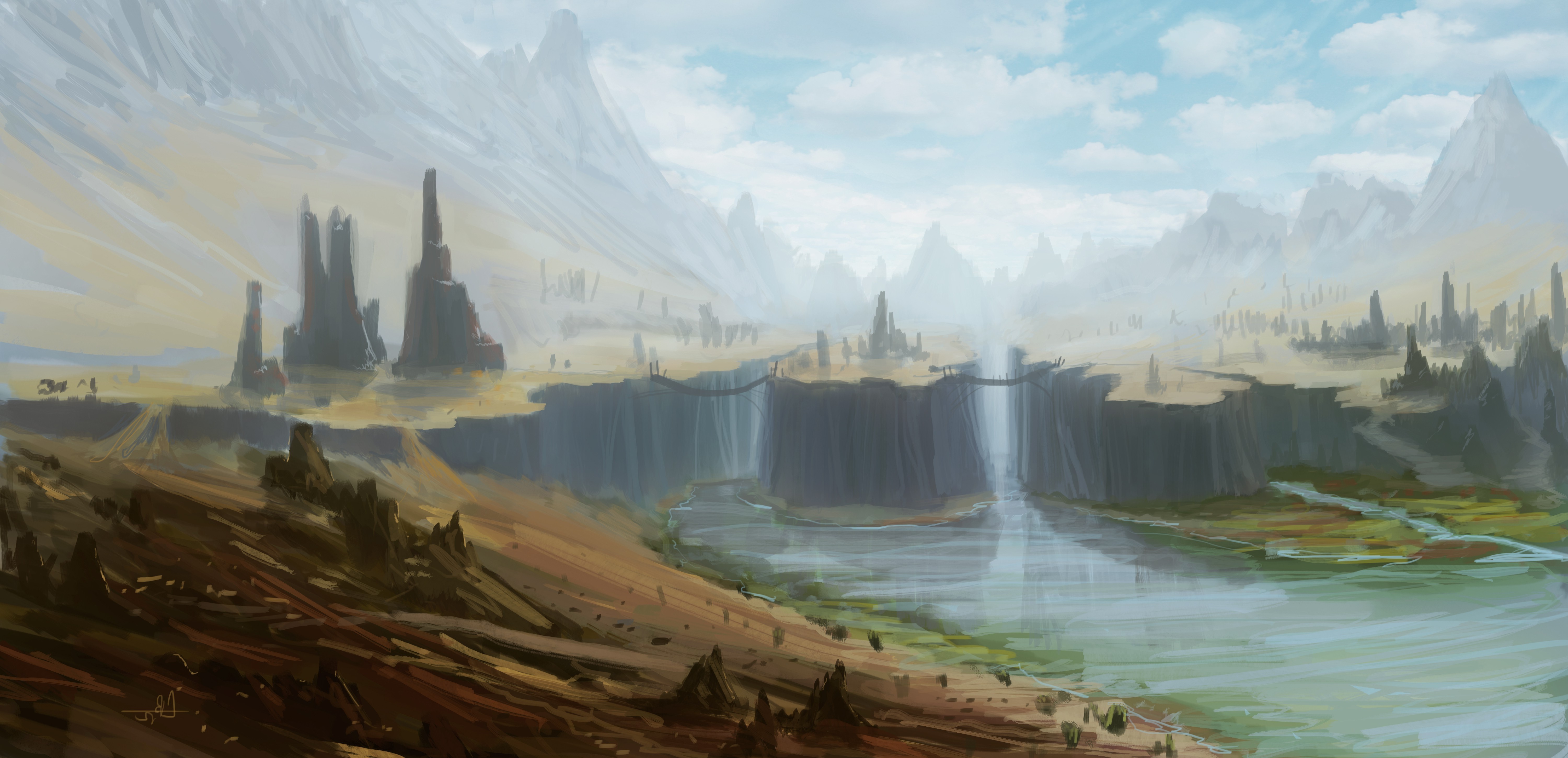 Digital art of a fantasy landscape with waterfalls and rock formations HD Wallpaper