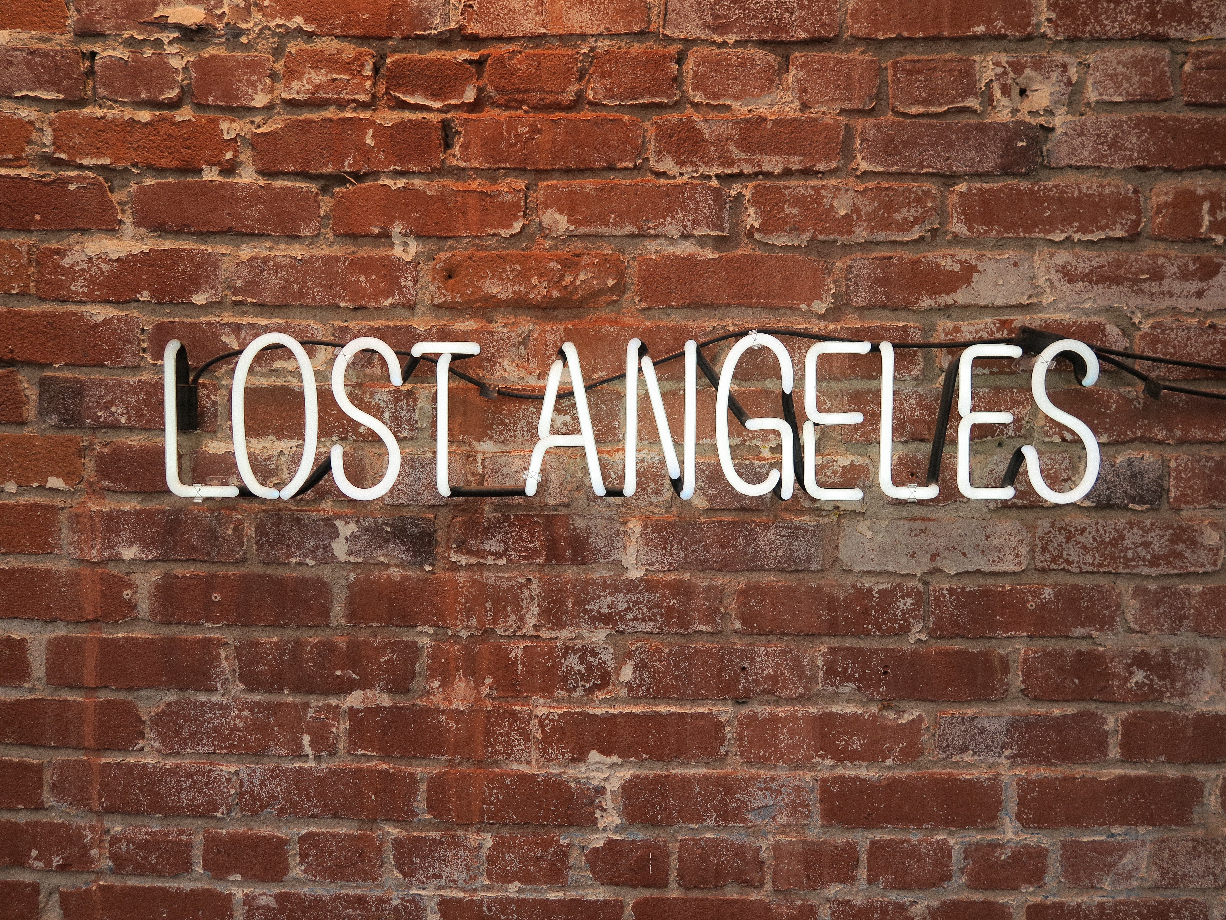 Neon sign 'LOST ANGELES' on a brick wall HD Wallpaper