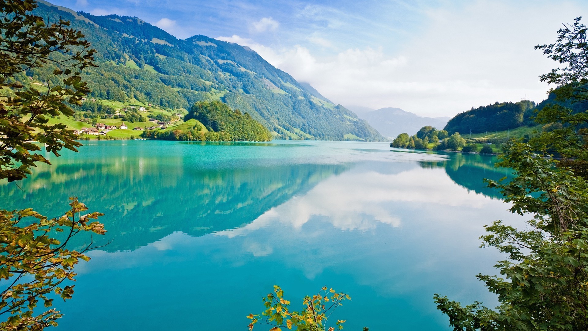 Cyan Lake Reflecting Mountains and Trees HD Wallpaper
