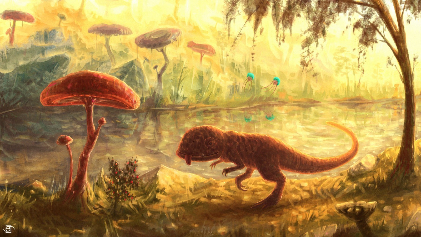 Morrowind Fan Art: Dinosaur and Giant Mushrooms HD Wallpaper