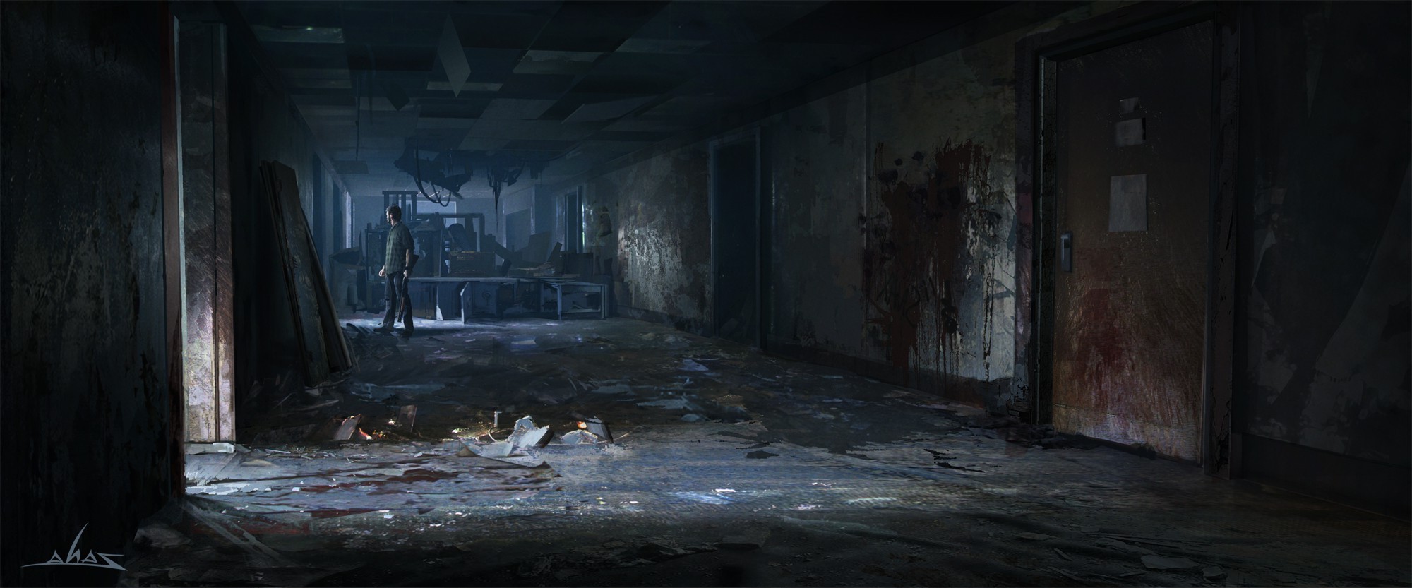 The Last of Us concept art of a dark hallway HD Wallpaper