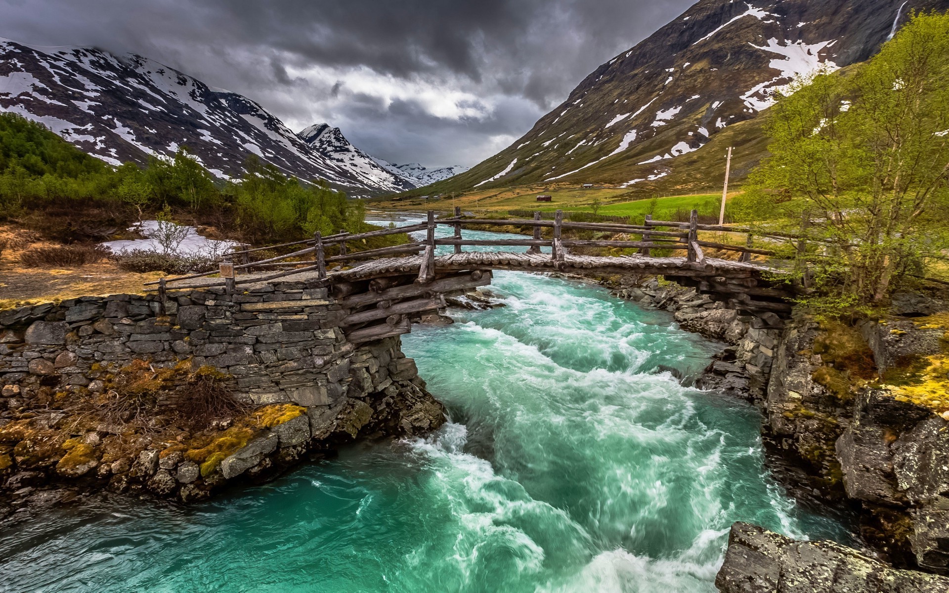Mountain river with a wooden bridge in Norway HD Wallpaper