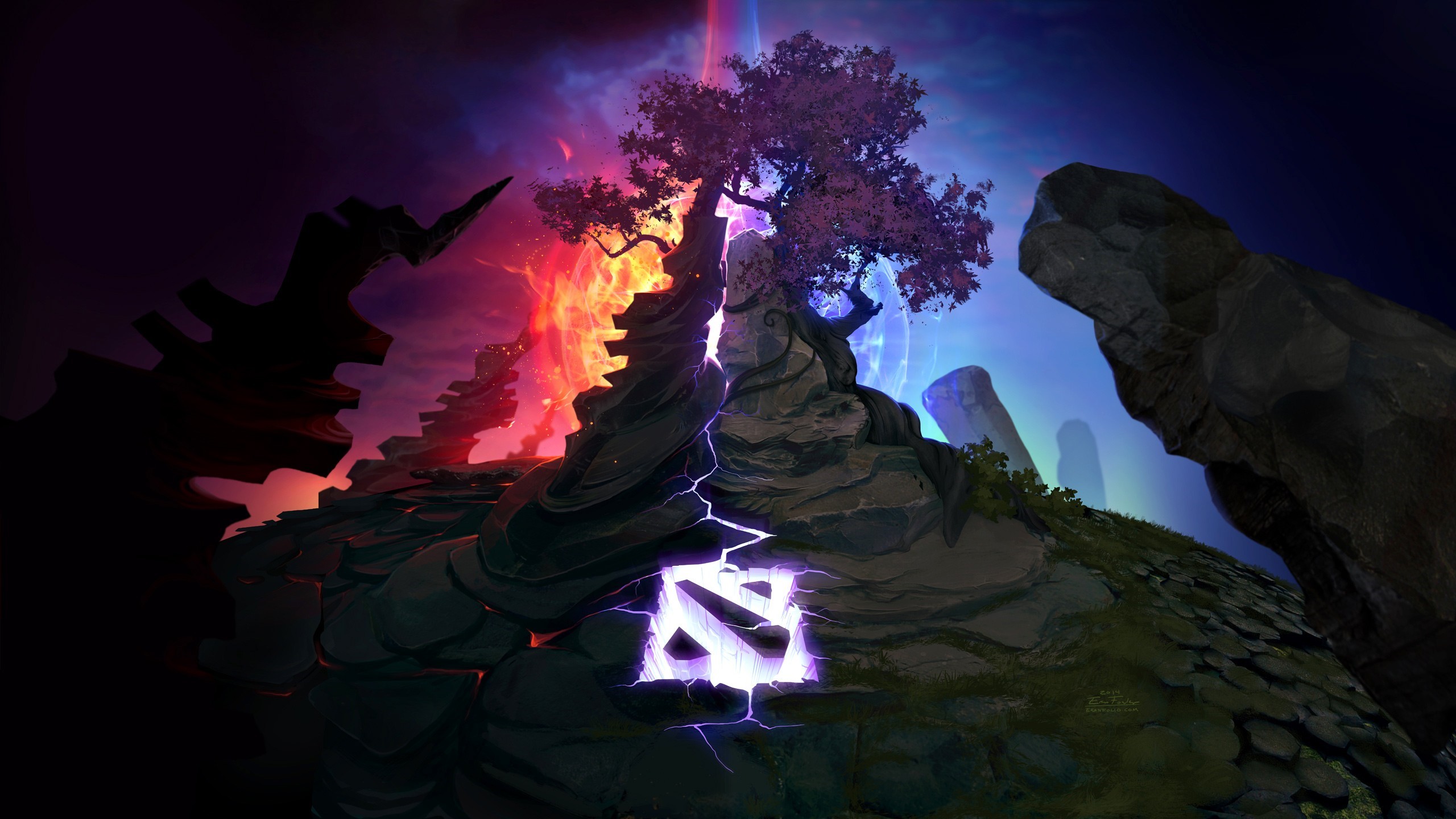 Dota 2 logo on a cracked landscape with a tree HD Wallpaper