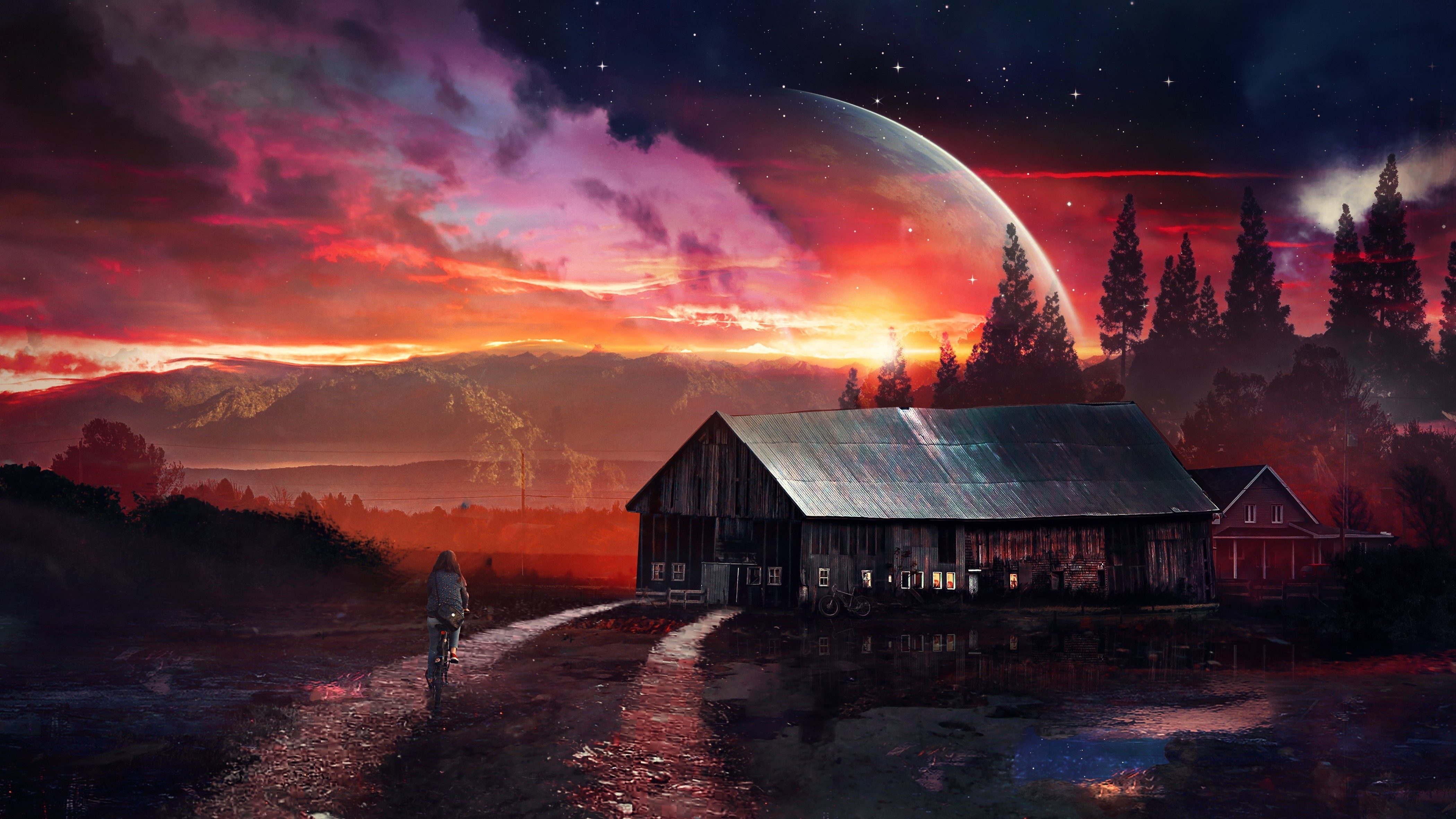 Girl on bicycle near barn under alien planet sky HD Wallpaper