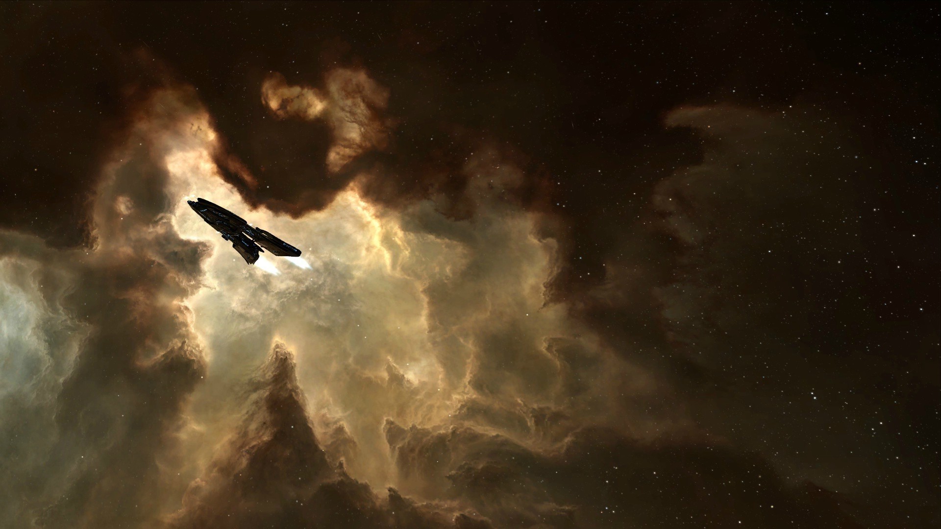 Spaceship flying through nebula in Eve Online HD Wallpaper