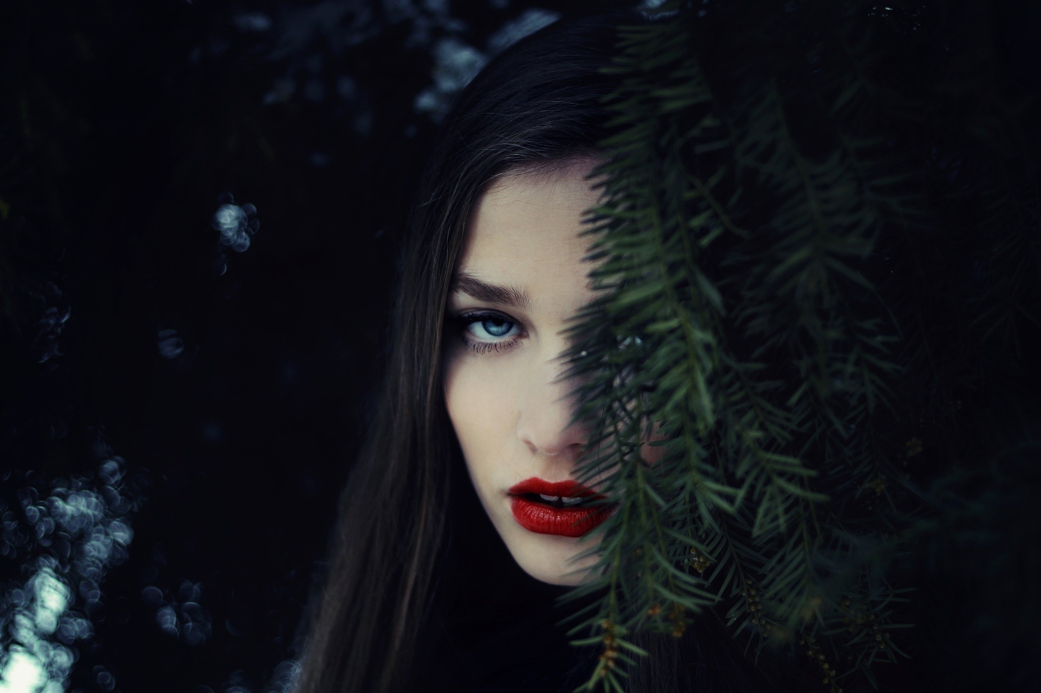 Woman with red lipstick and blue eyes behind pine branches HD Wallpaper