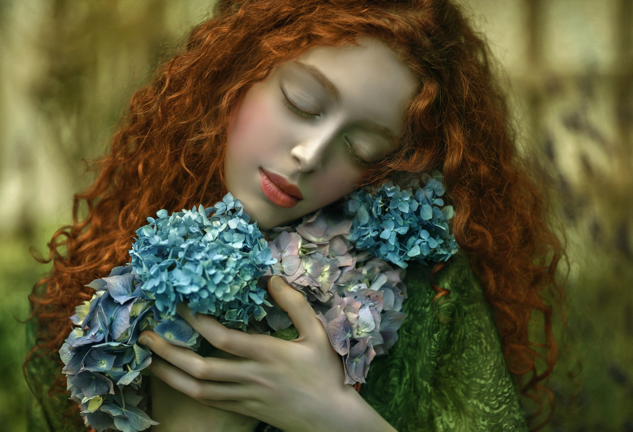 Fantasy art of a redhead woman with blue flowers HD Wallpaper