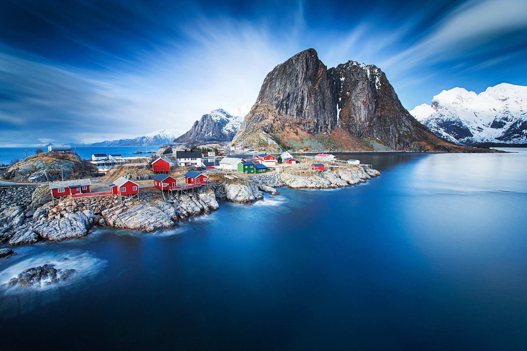 Hamnøy village with mountains and sea in Norway HD Wallpaper