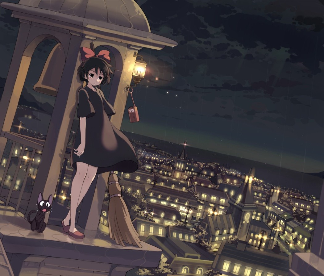 Kiki from Kiki's Delivery Service on a rooftop at night HD Wallpaper